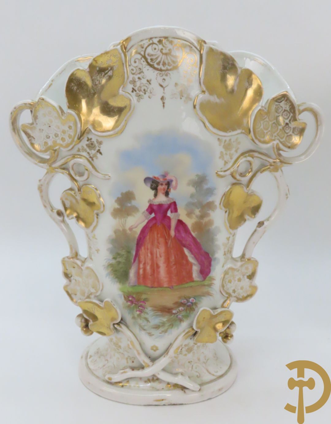 Paar porseleinen Vieux Paris vazen met decor van lieftallige dames