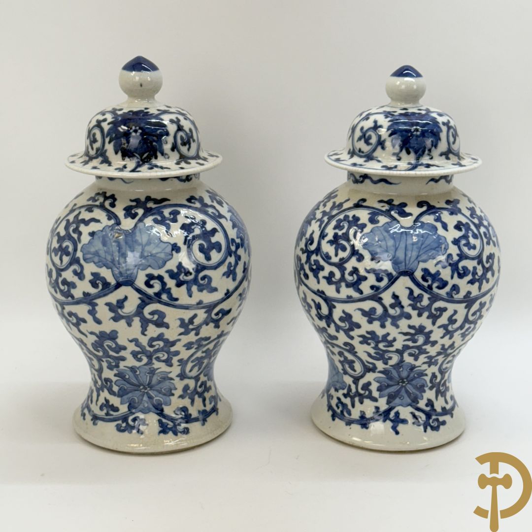 Paar Chinese dekselpotiches in blauw wit porselein met bloemendecor en accanthusranken