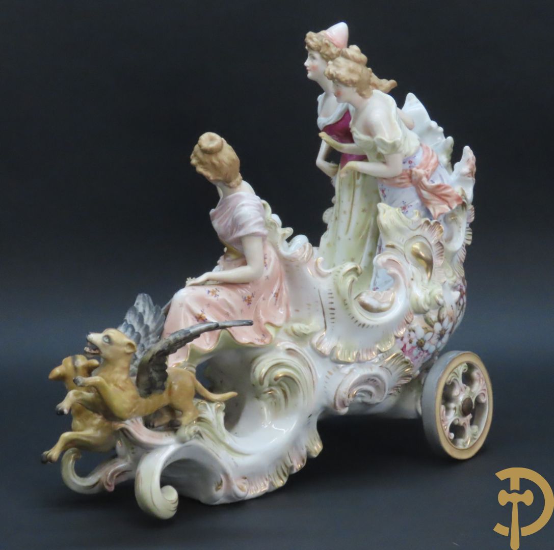 Meerkleurige porseleinen sierwagen slede met 3 dames voortgetrokken door 3 honden, onderaan gemerkt