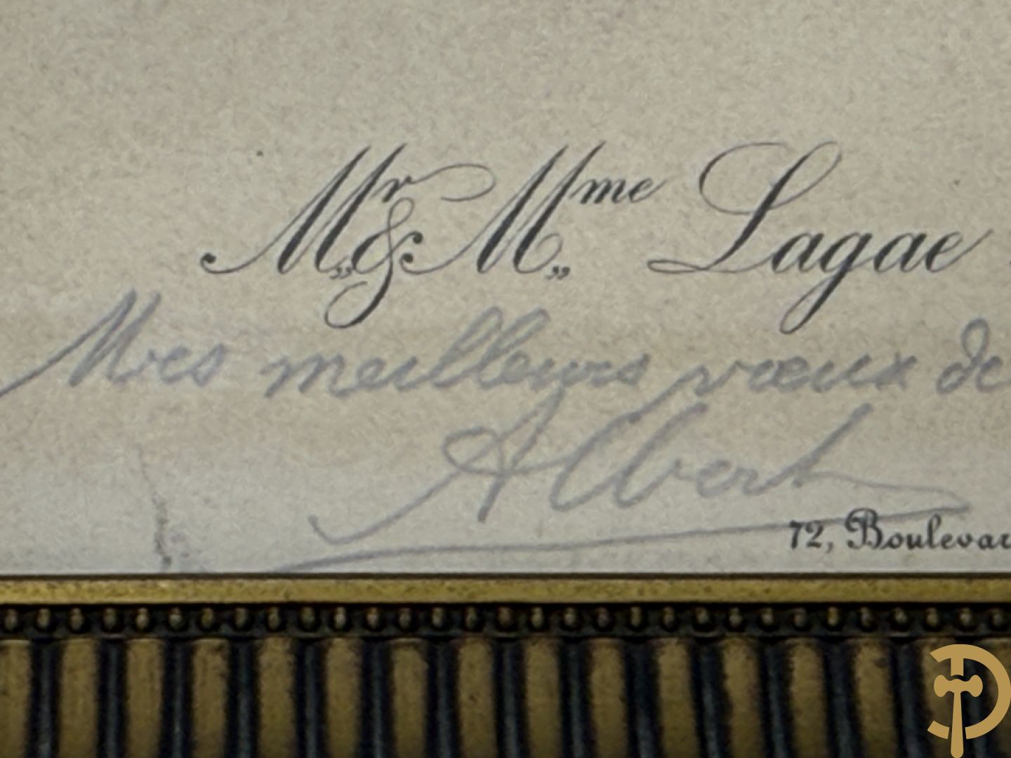 Portret van Albert I + eigenhandig getekend adreskaartje 