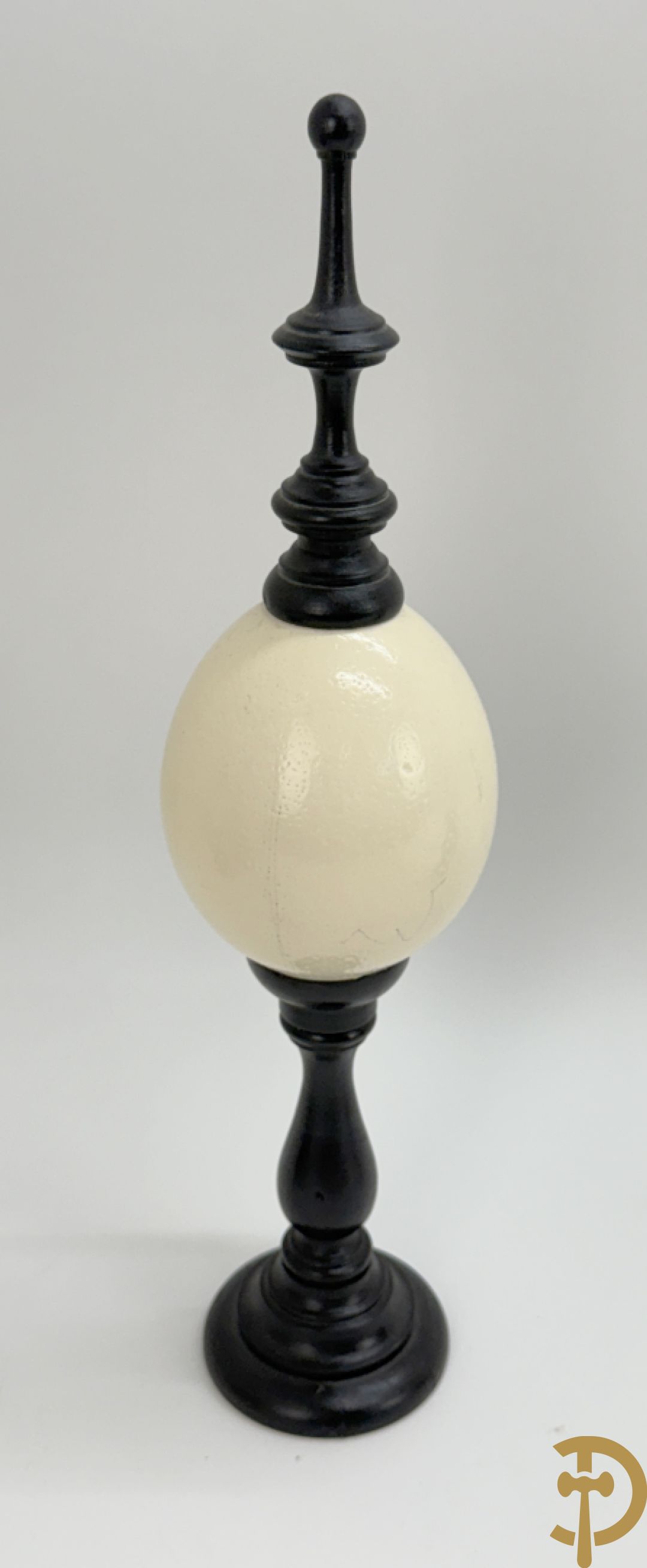 Vijf struisvogeleieren op zwart houten statief