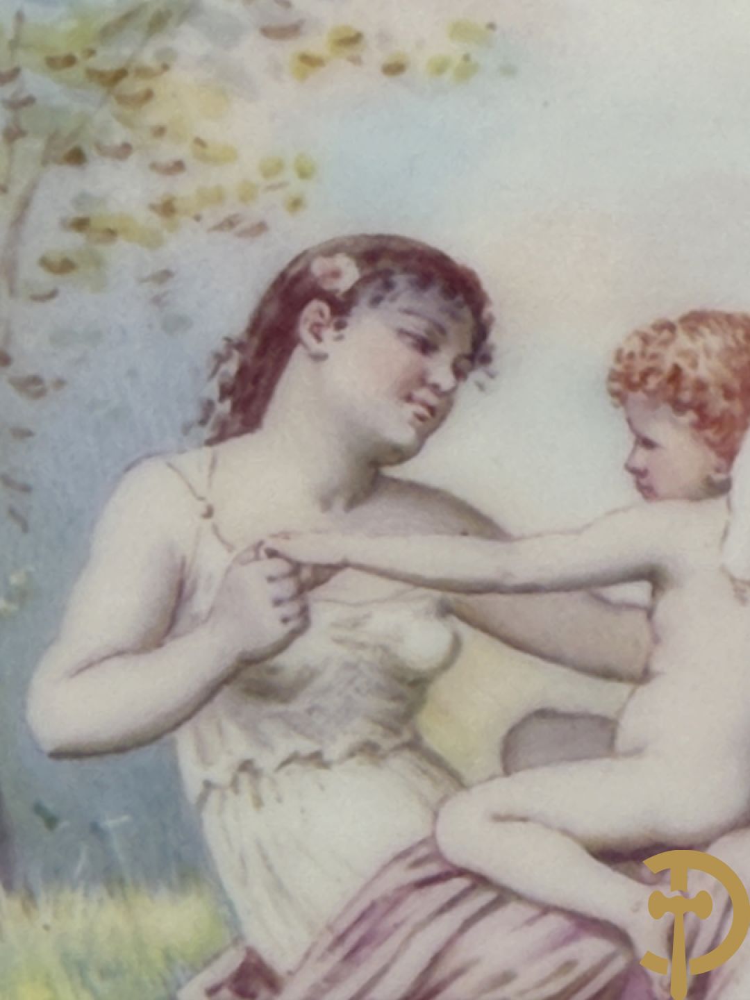 Paar Sèvres cassolettes met handbeschilderd romantisch decor van dame met cupido en landschapsdecor - met vergulde bronzen vierarmige kandelaar, Feccotte V. getekend