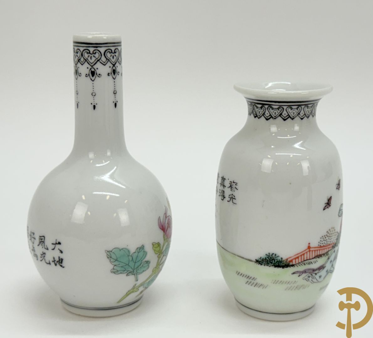 Chinees porseleinen vaasje met bloemendecor, Qinglong + 2 republieksvaasjes + porseleinen damesfiguur