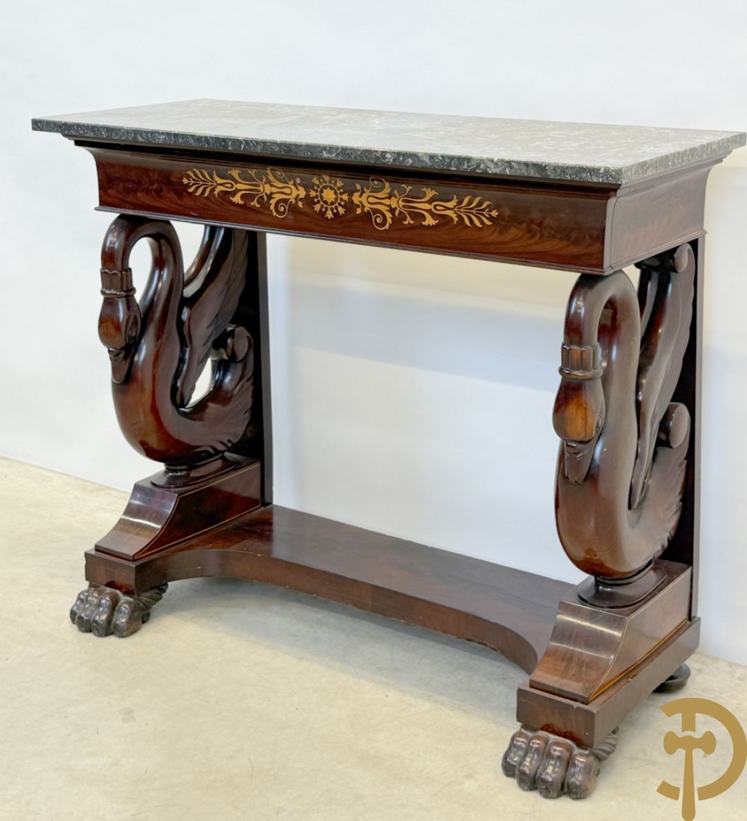 Mahoniehouten console met lade, voluutvormige zwanehalzen en marmeren blad