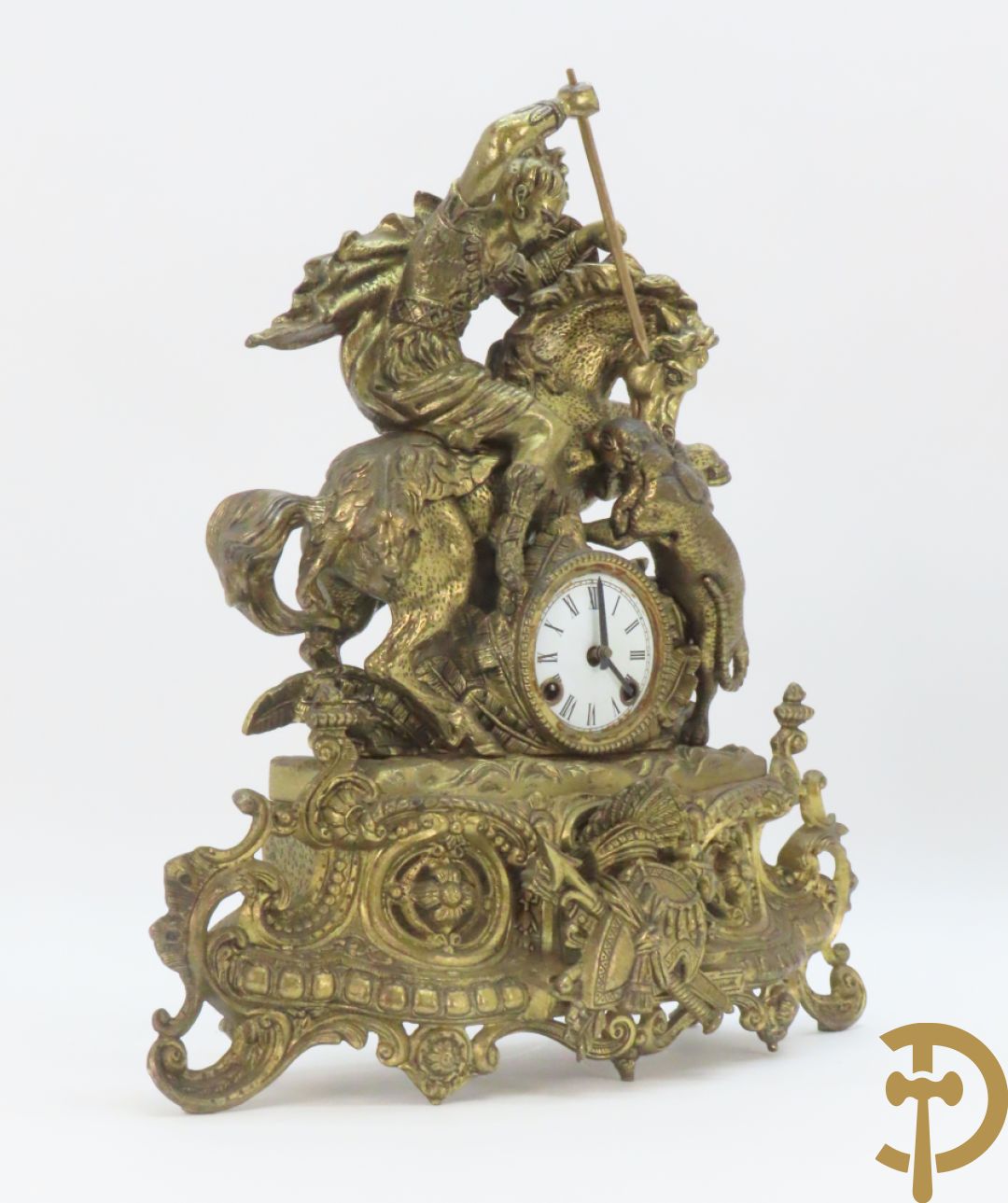 Bronzen pendule met ruiter te paard en panter