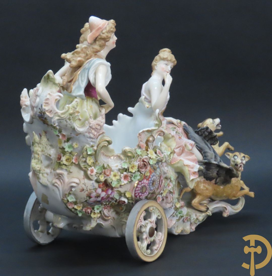 Meerkleurige porseleinen sierwagen slede met 3 dames voortgetrokken door 3 honden, onderaan gemerkt