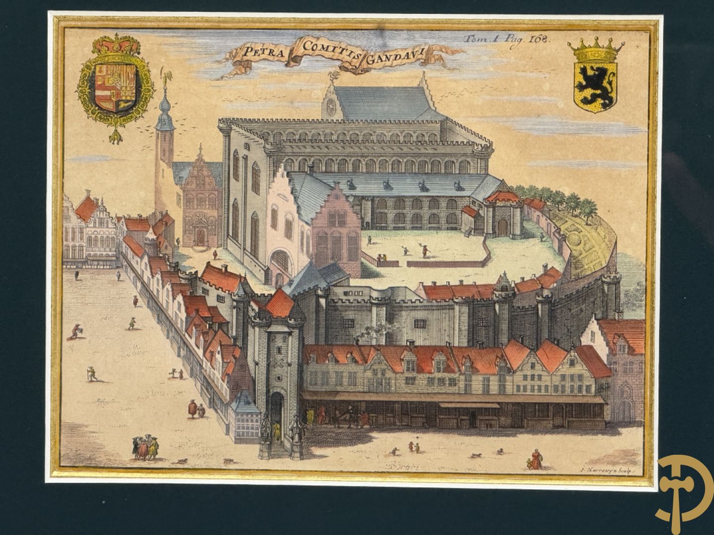 Handgekleurde kopergravure van de Kouter Gent uit Sanderus + handgekleurde kopergravure van Gravensteen uit Sanderus