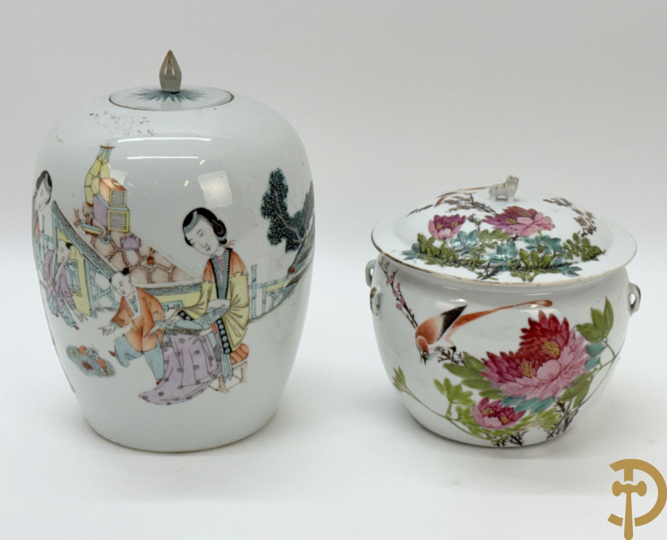 Chinese porseleinen dekselpotiche met vogel- en bloemendecor + Chinese porseleinen dekselkom met bloemen- en vogeldecor
