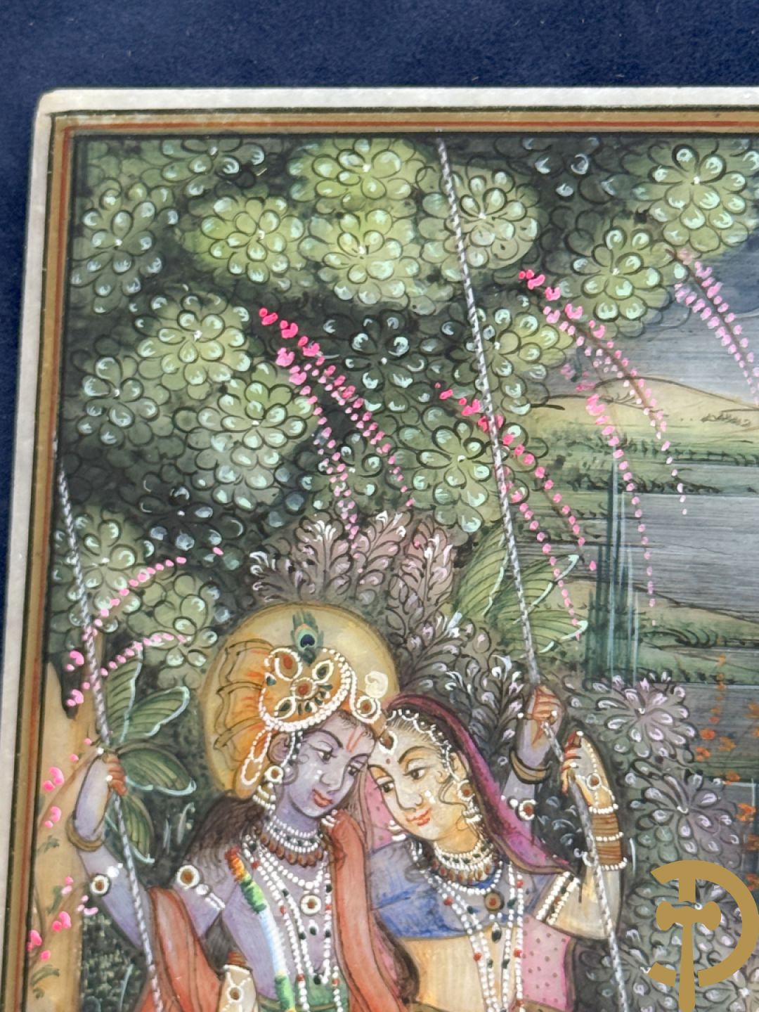 Zes Indische geanimeerde tekeningen van goden en liefdesscènes op gesteente