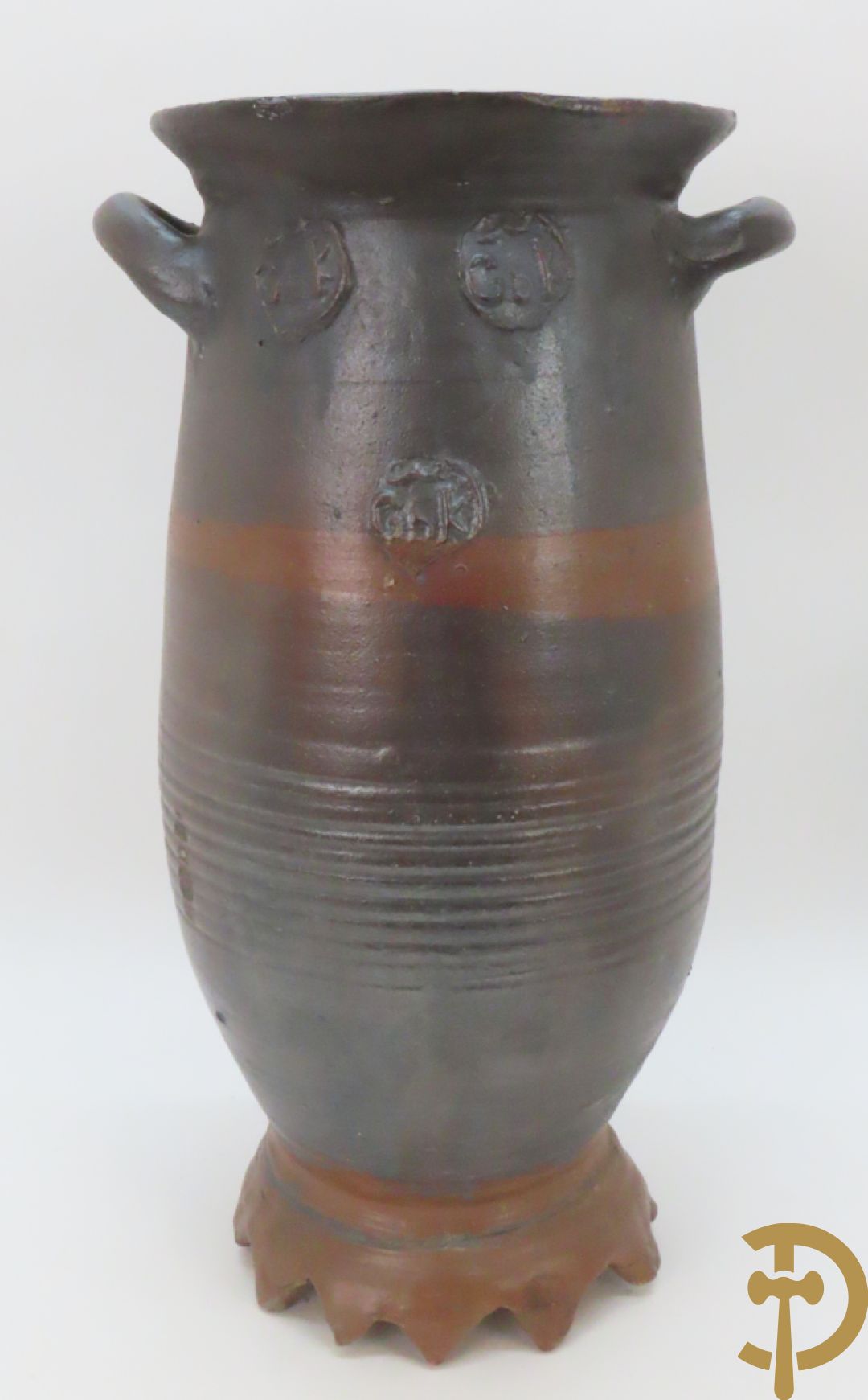 Langerwehe steengoed kruik + twee steengoed veldkruiken +Keulse dekselkan + bronzen mortier met stamper