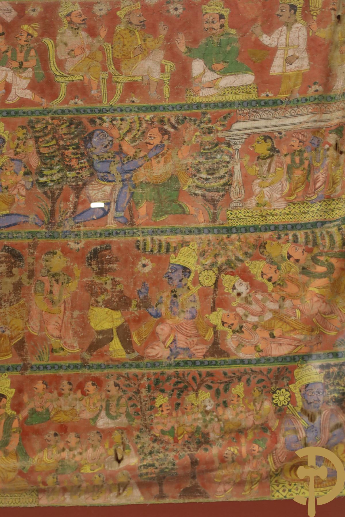 Antiek Indisch handbeschilderd doek met figuren, Shiva, 18e - 19e