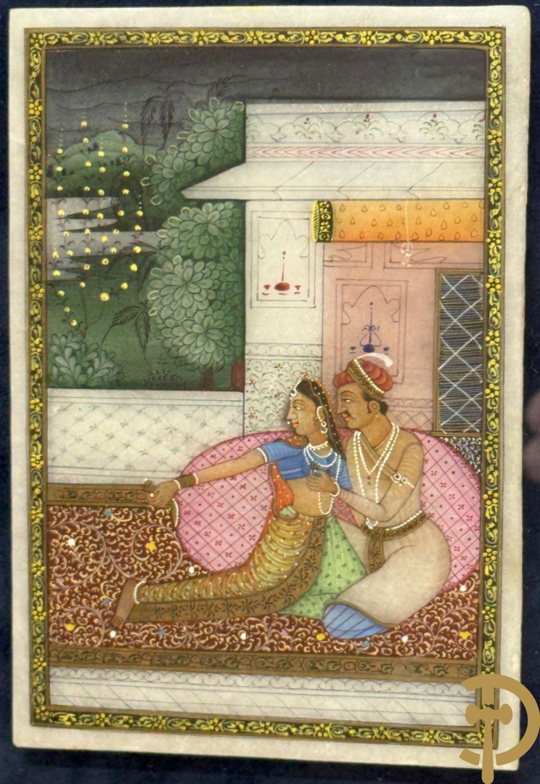 Zes Indische geanimeerde tekeningen van goden en liefdesscènes op gesteente