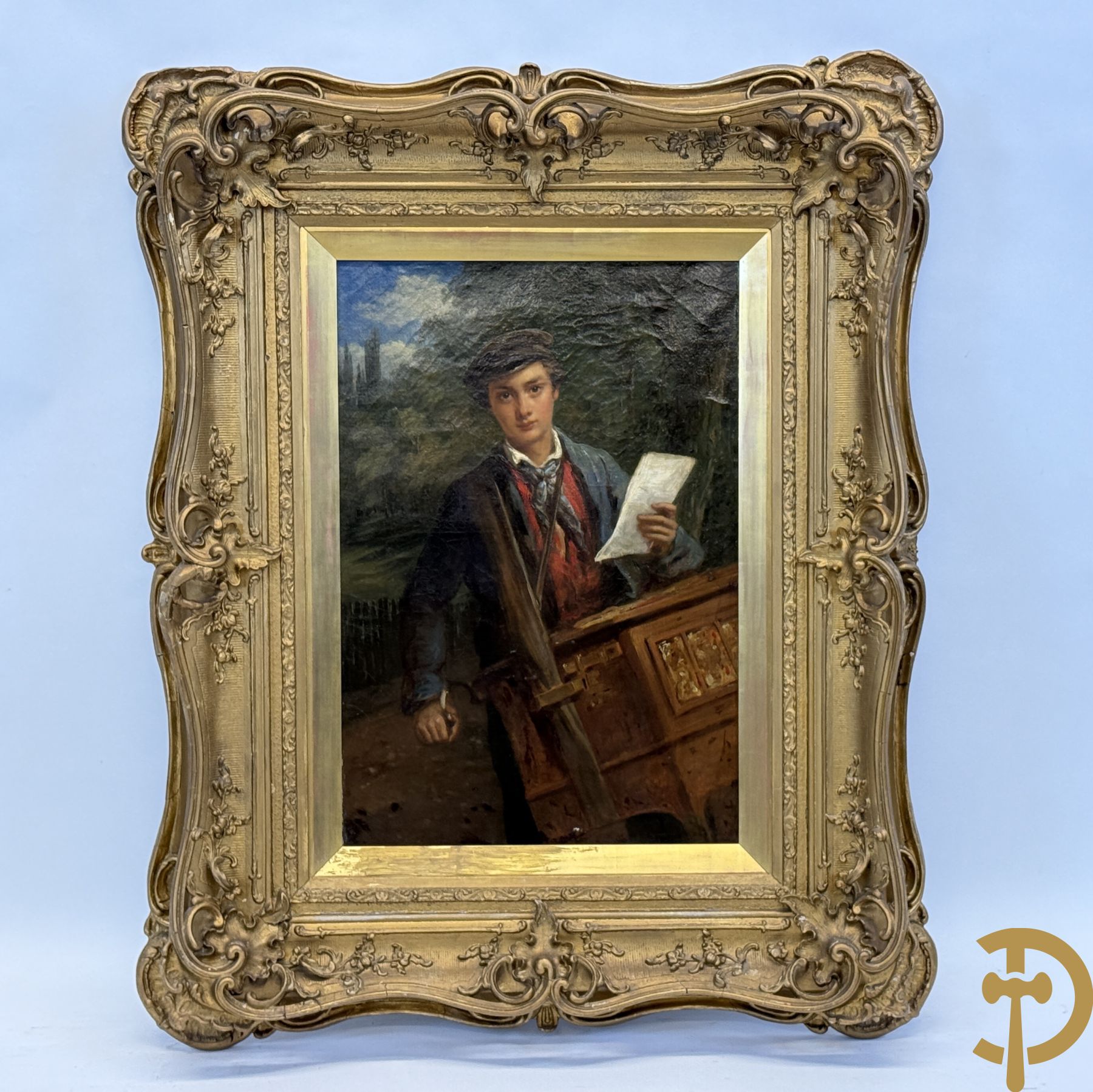 Ongetekend (STEVENS A. gerefereerd verso 'Jongeman met draaiorgel in het park' olie op doek