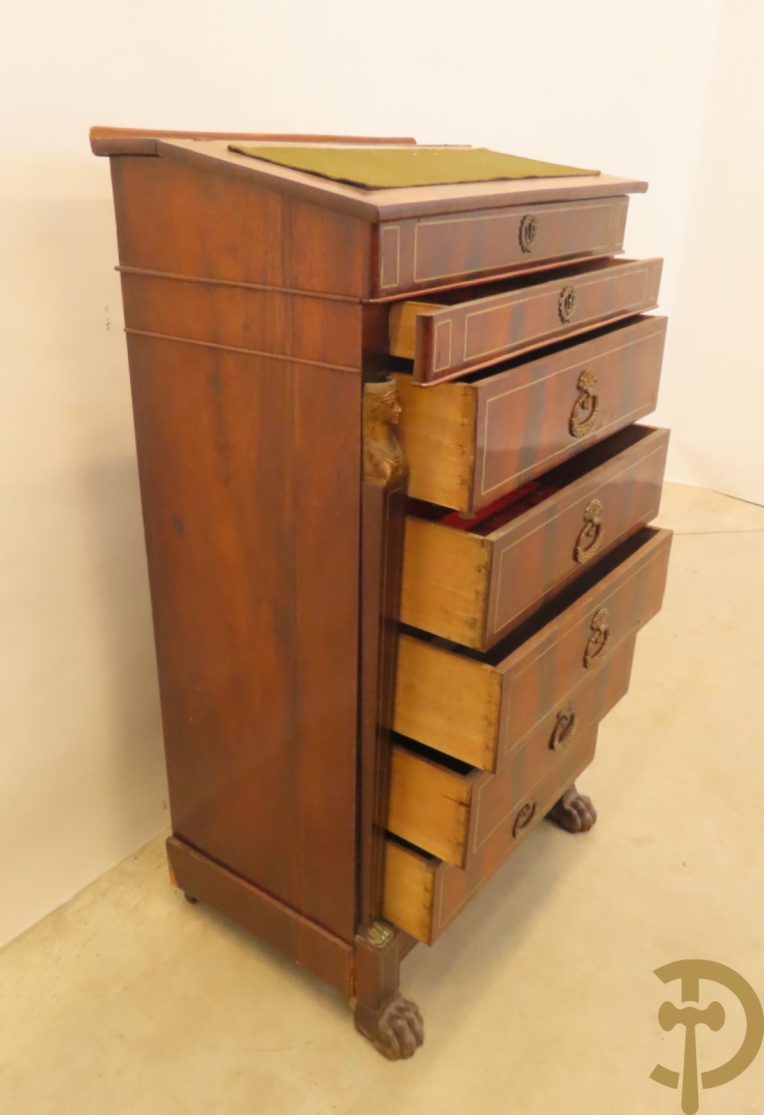 Mahoniehouten zesladenkast met schrijfblad bovenaan, Empire