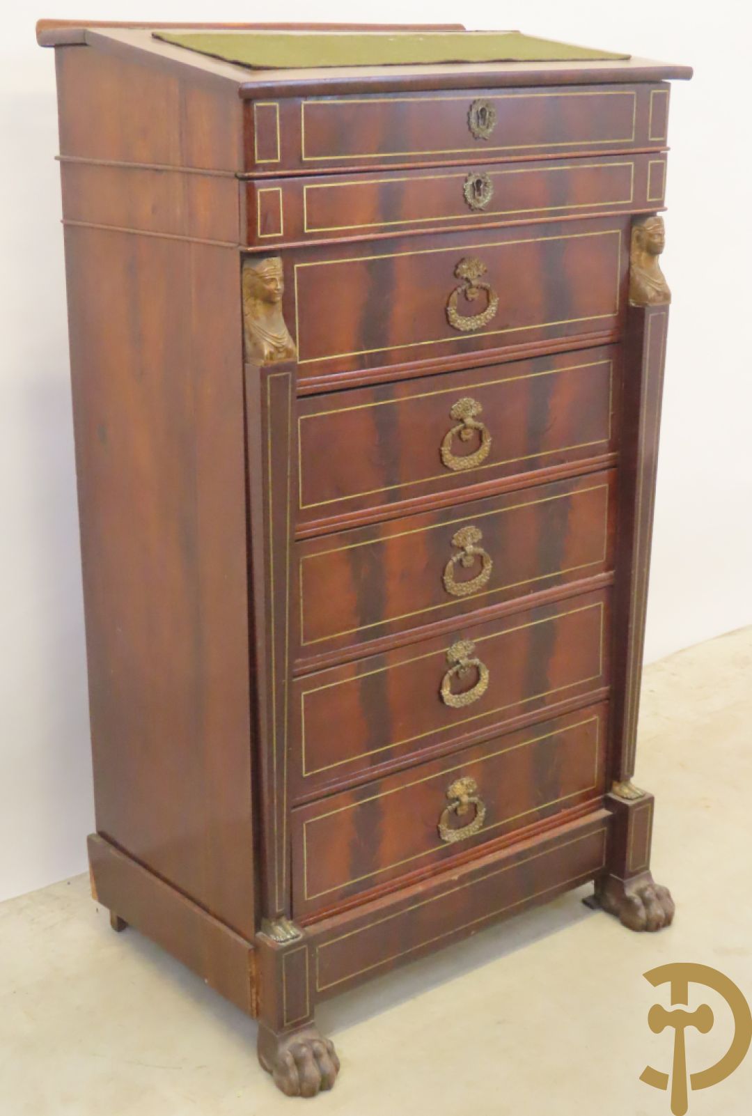 Mahoniehouten zesladenkast met schrijfblad bovenaan, Empire