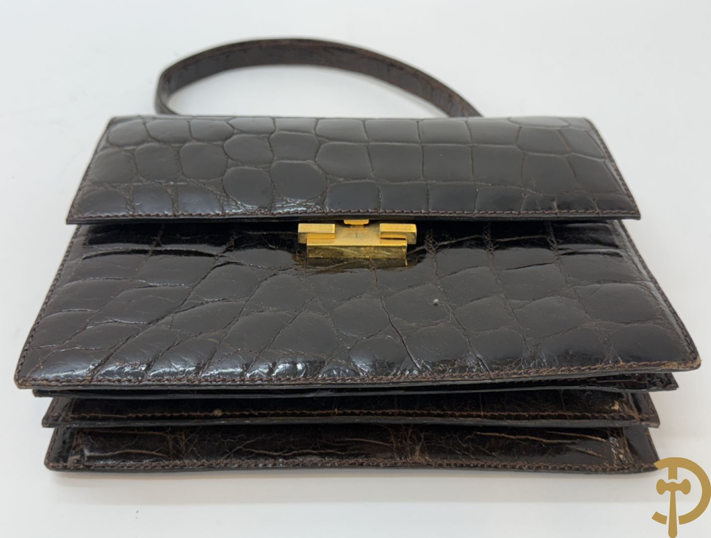 Kroko zwart lederen handtas, Le Sellier Bruxelles + zwart lederen kroko clutch + bruin lederen kroko enveloppetas + toneelhandtasje