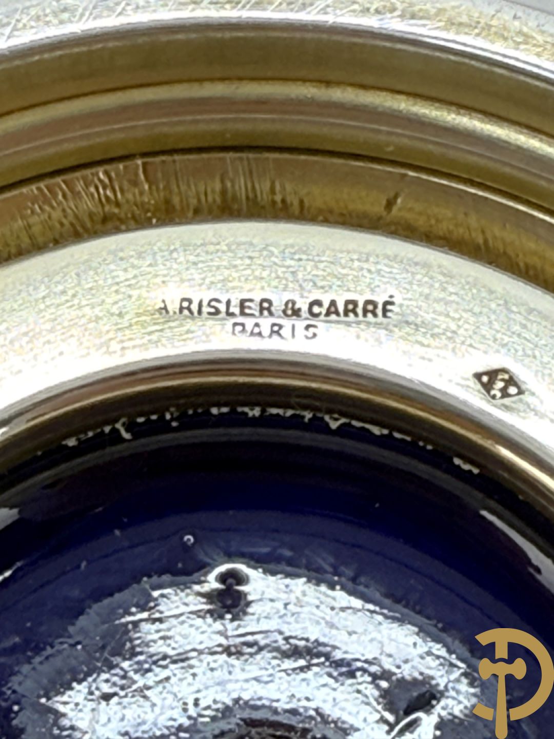 Paar Franse blauwe porseleinen vaasjes met massief zilveren hals en voet, Risler & Carre Paris gemerkt en gesigneerd R & C in ruitvorm