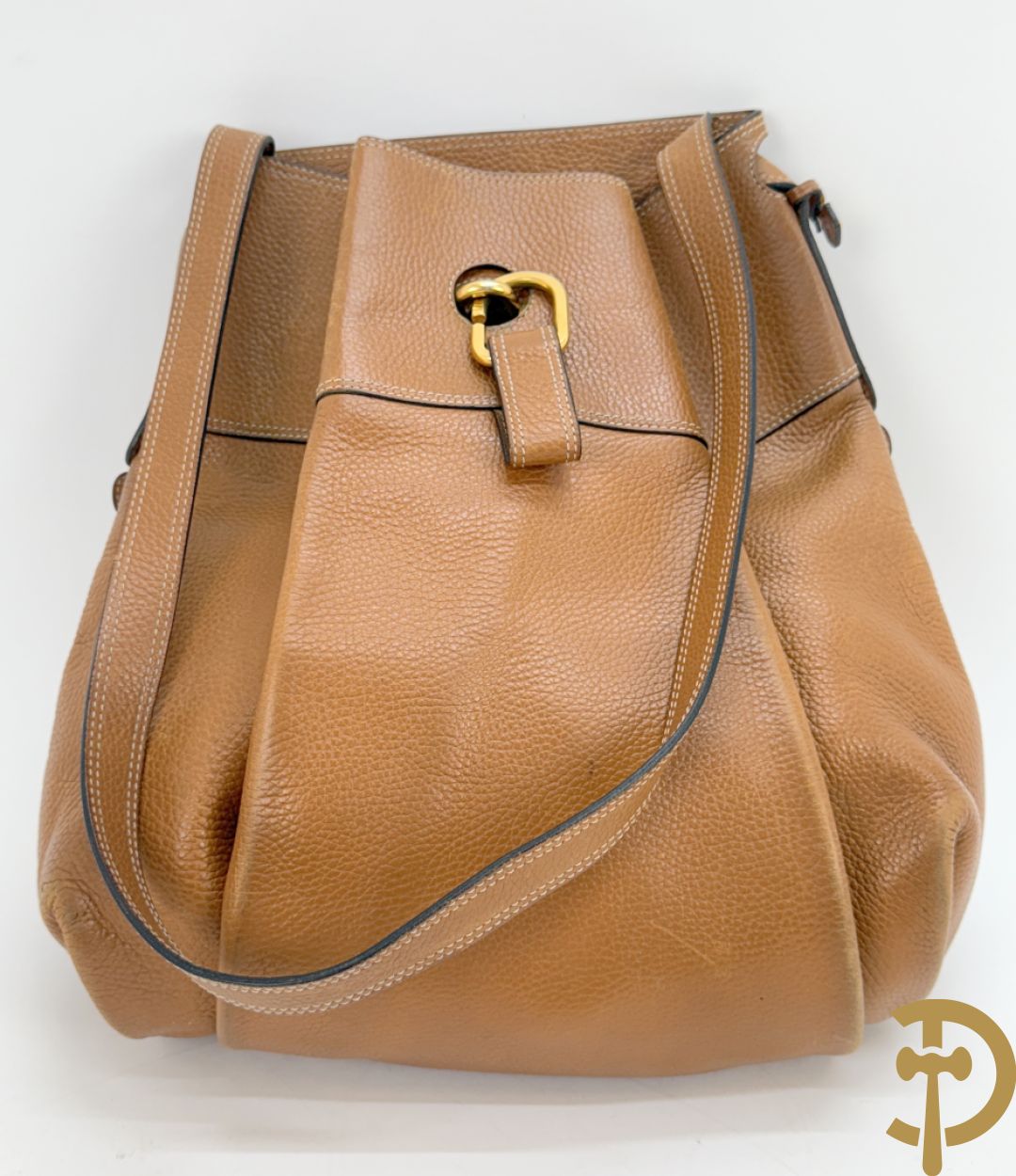 Cognac lederen schoudertas Faust Delvaux met bijhorende stoffen zak