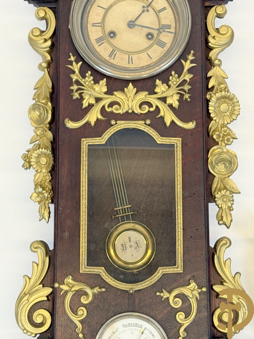 Notelaren barometer + reglateur met barometer + metalen touwtjesklok