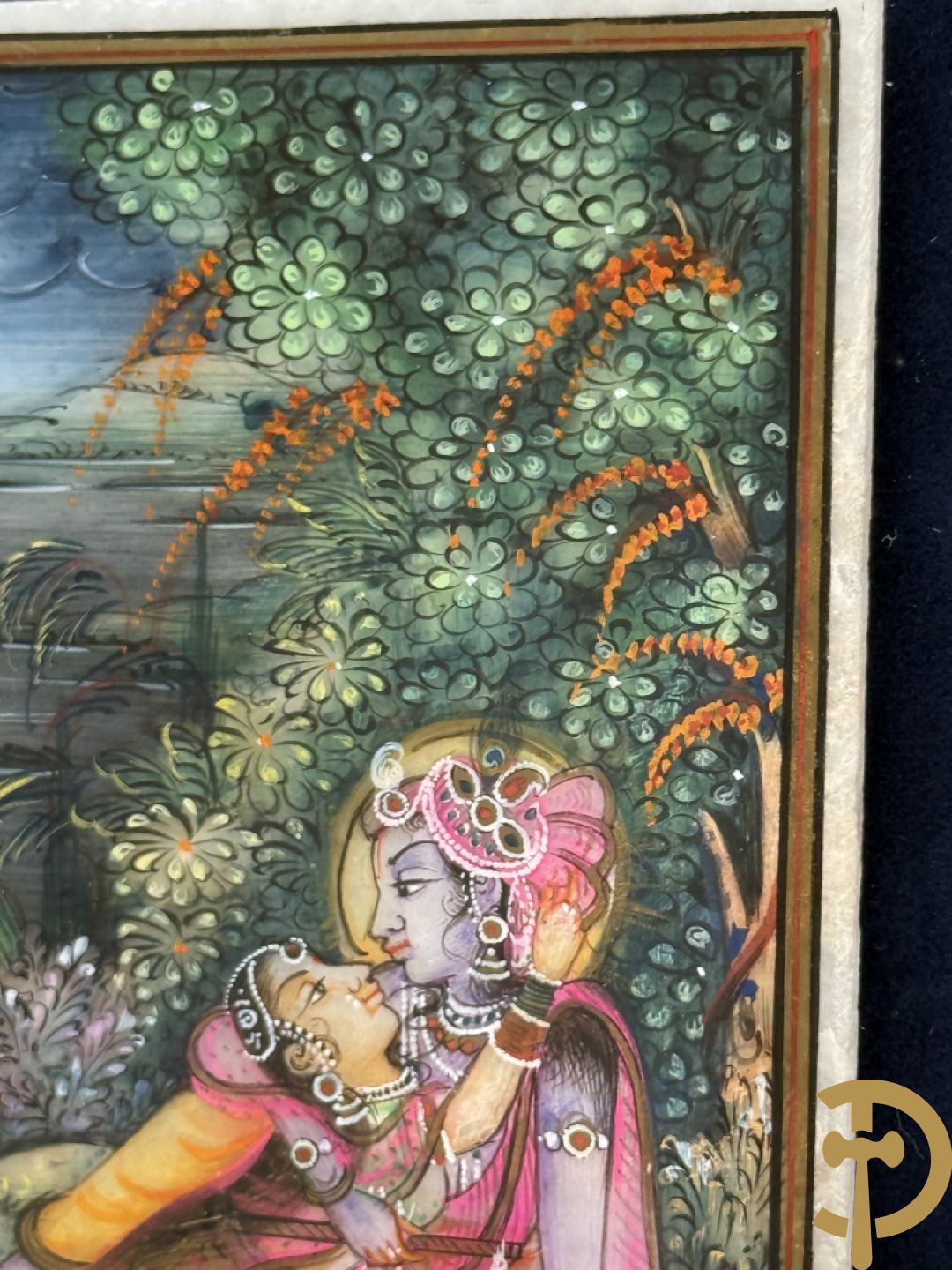 Zes Indische geanimeerde tekeningen van goden en liefdesscènes op gesteente