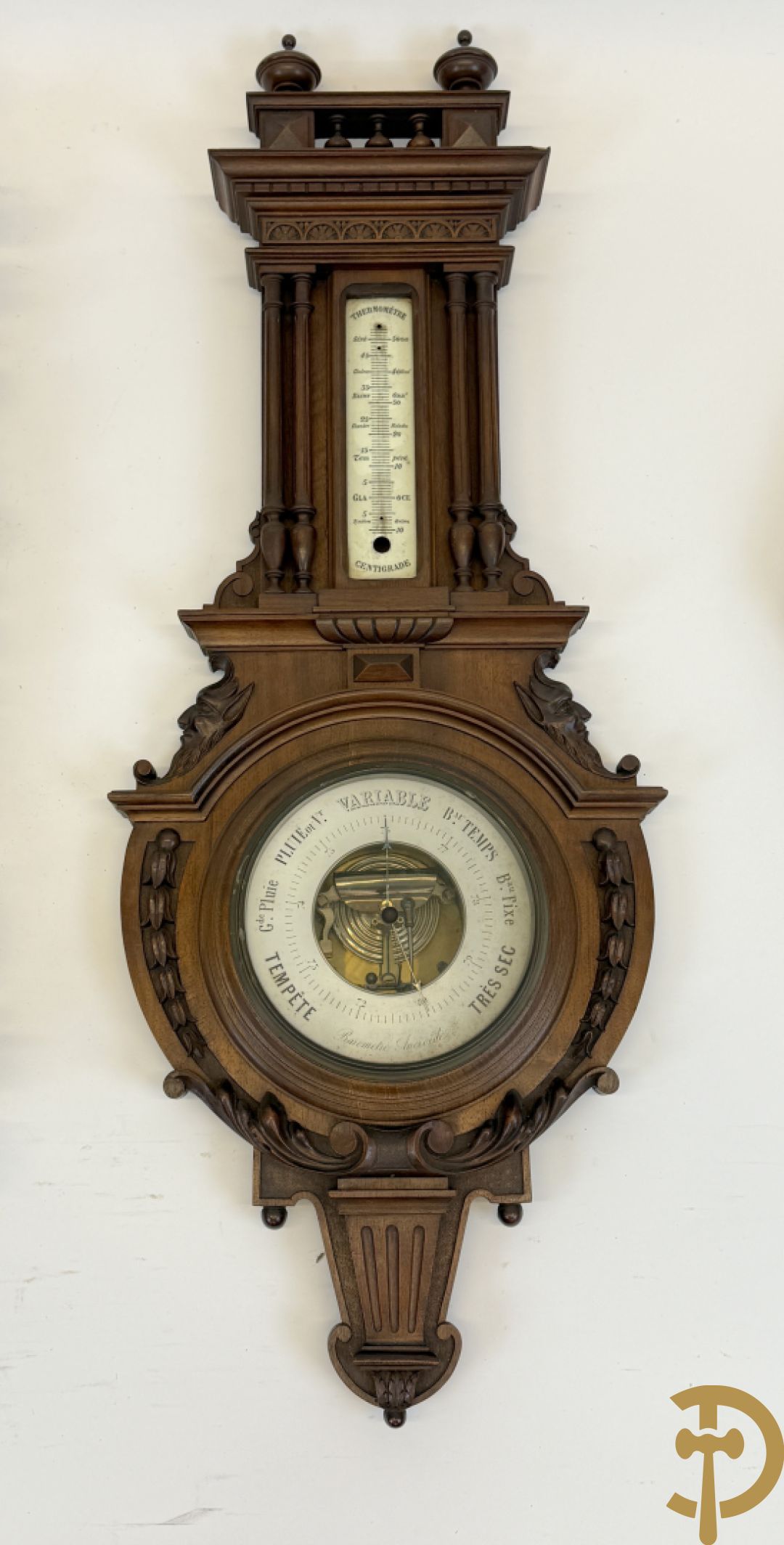 Notelaren barometer + reglateur met barometer + metalen touwtjesklok