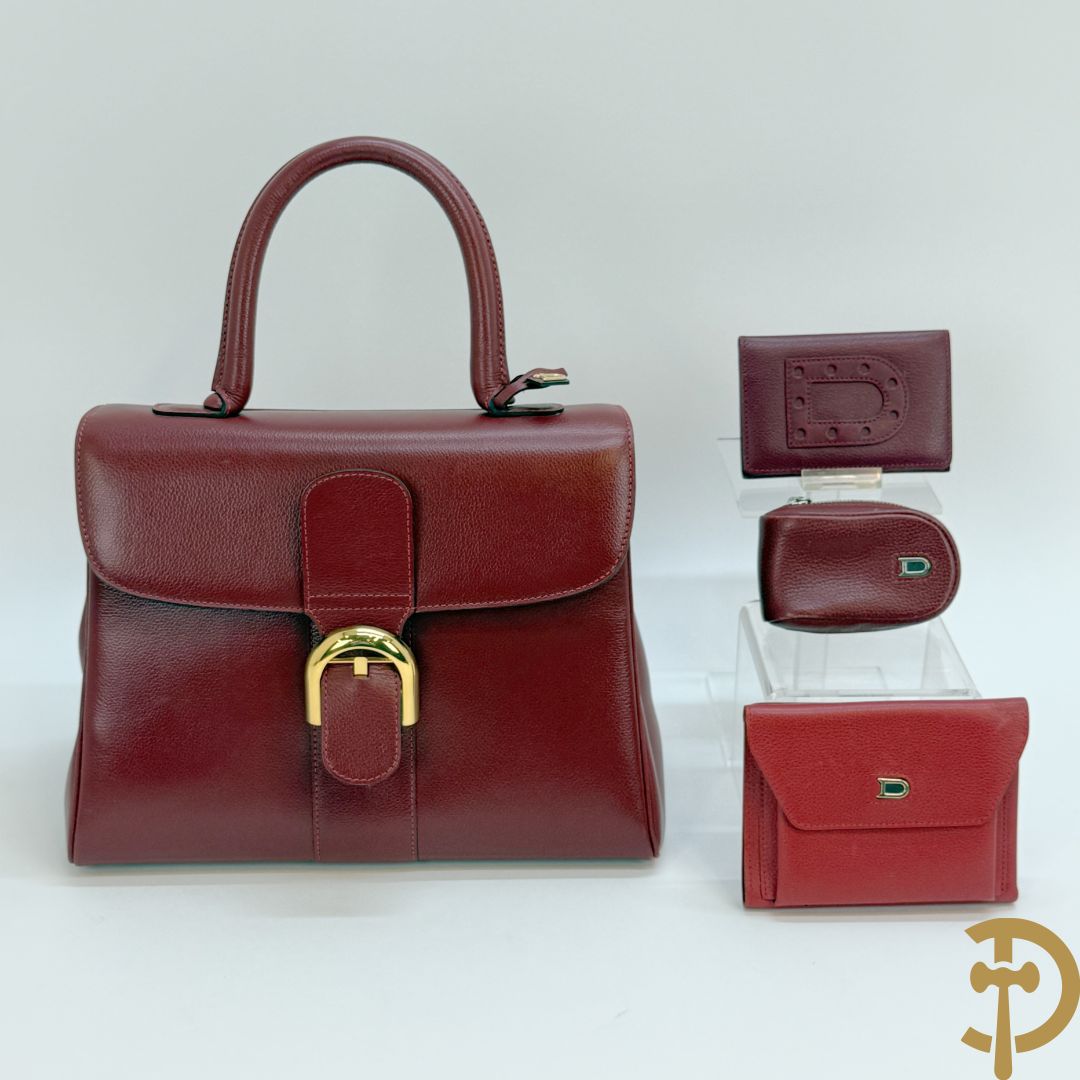 Bordeaux lederen handtas, geldbeugel, kaarthouder en portemonnee, Delvaux, model brillant