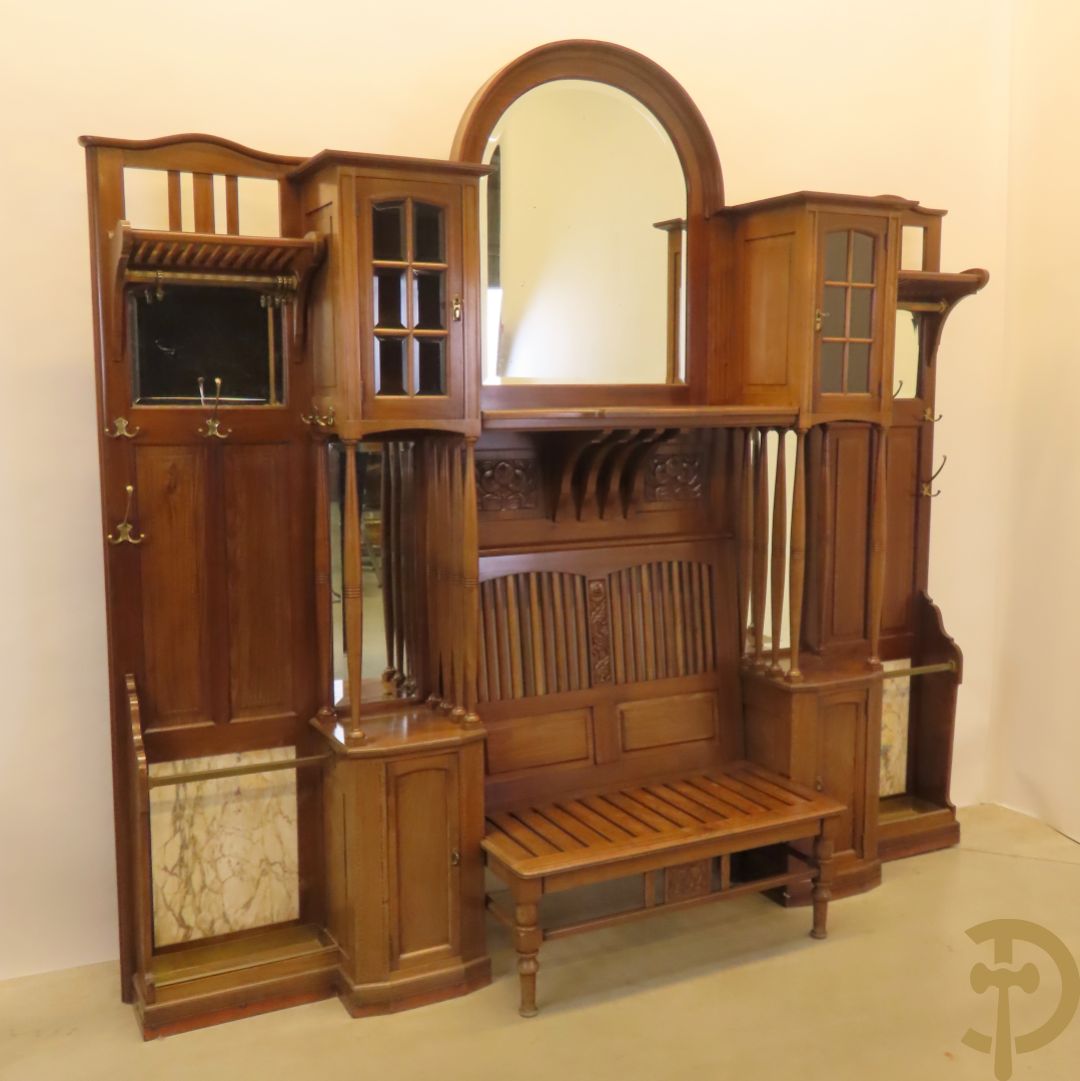 Notelaren Art Deco bank met étagère en paraplustaanders - centraal met spiegel