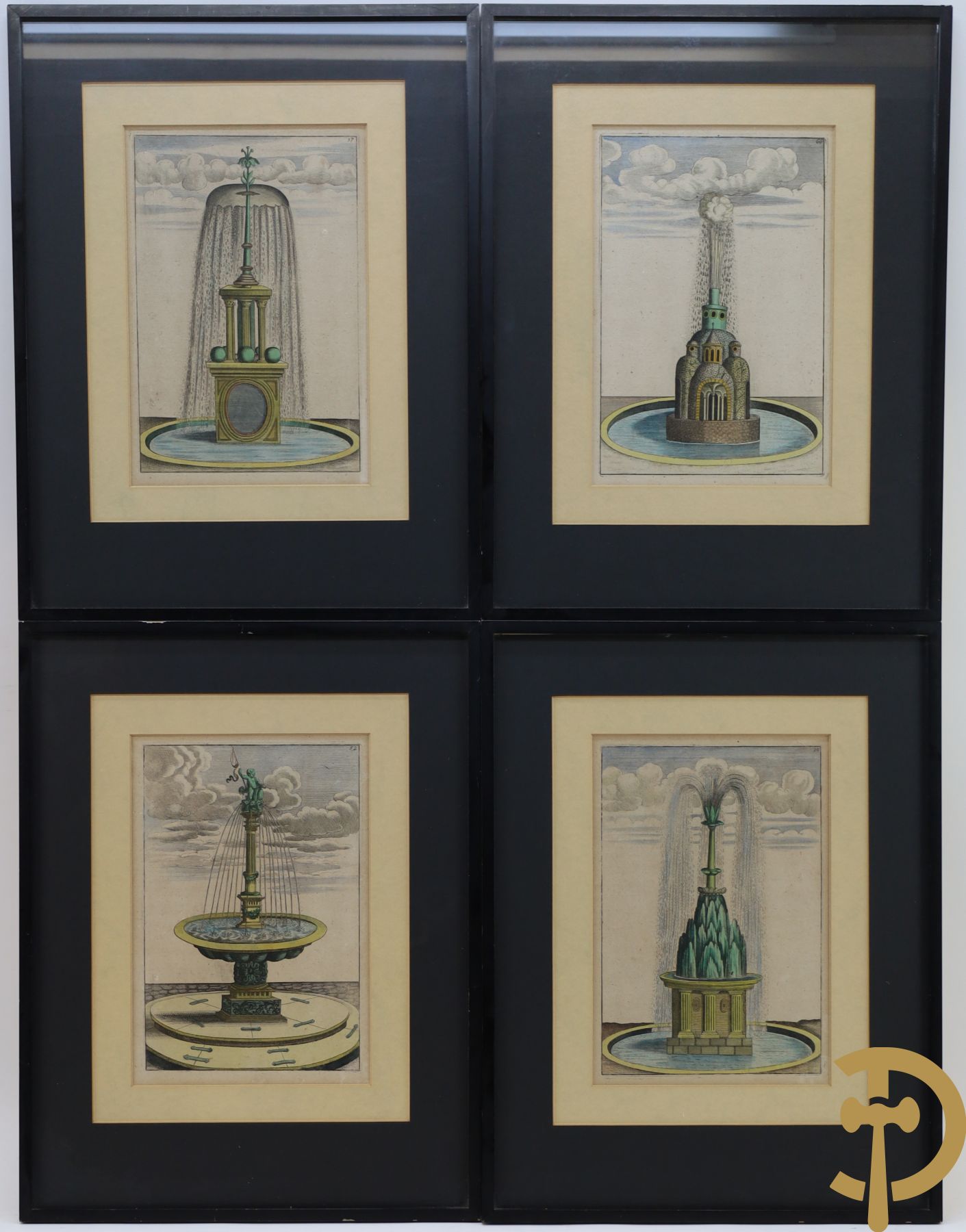 Set van 4 oude genummerde 18e gravures met afbeeldingen van fonteinen