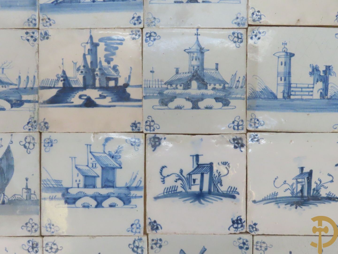 Set oude Delftse tegeltjes met landschappen, waterputten, kastelen, ...