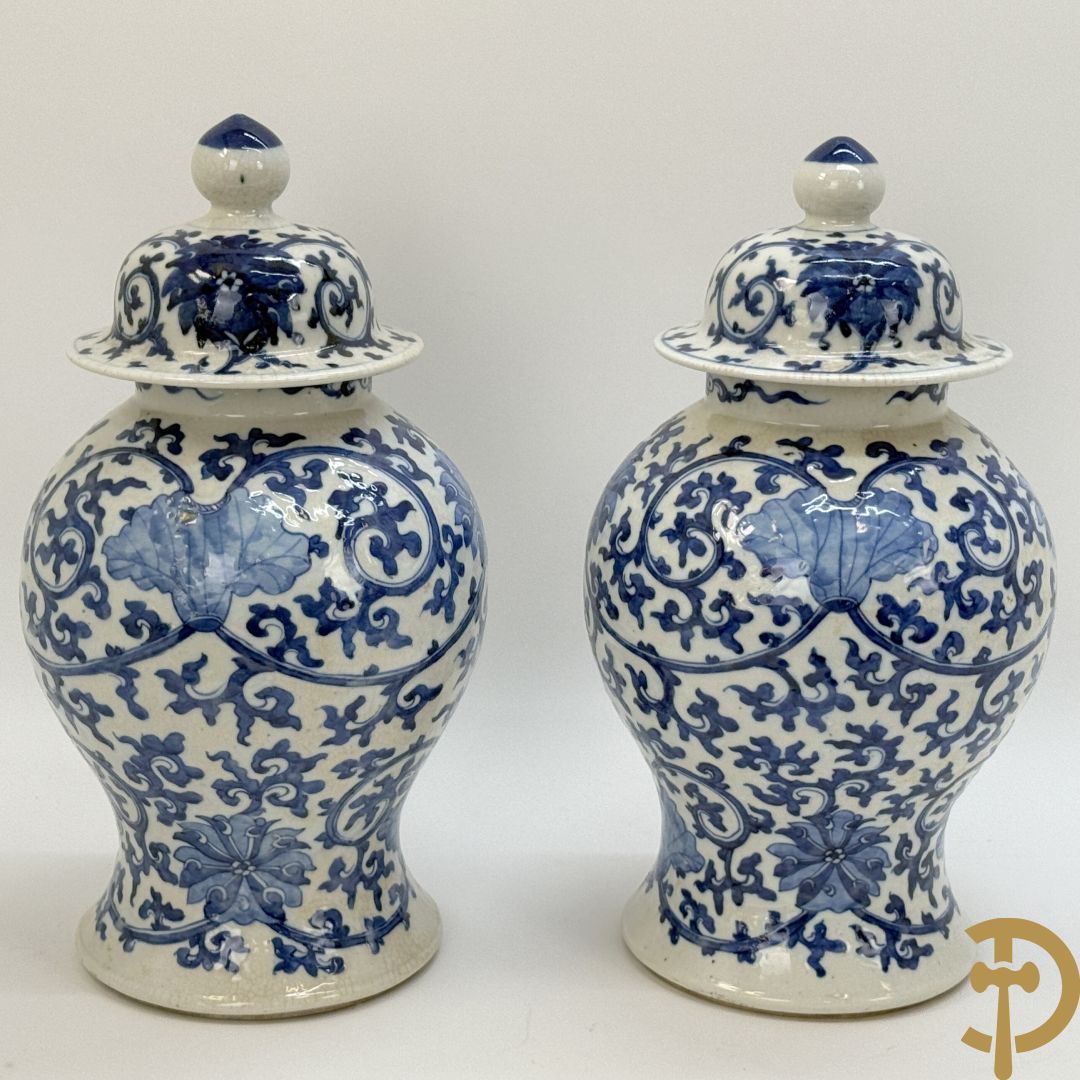 Paar Chinese dekselpotiches in blauw wit porselein met bloemendecor en accanthusranken