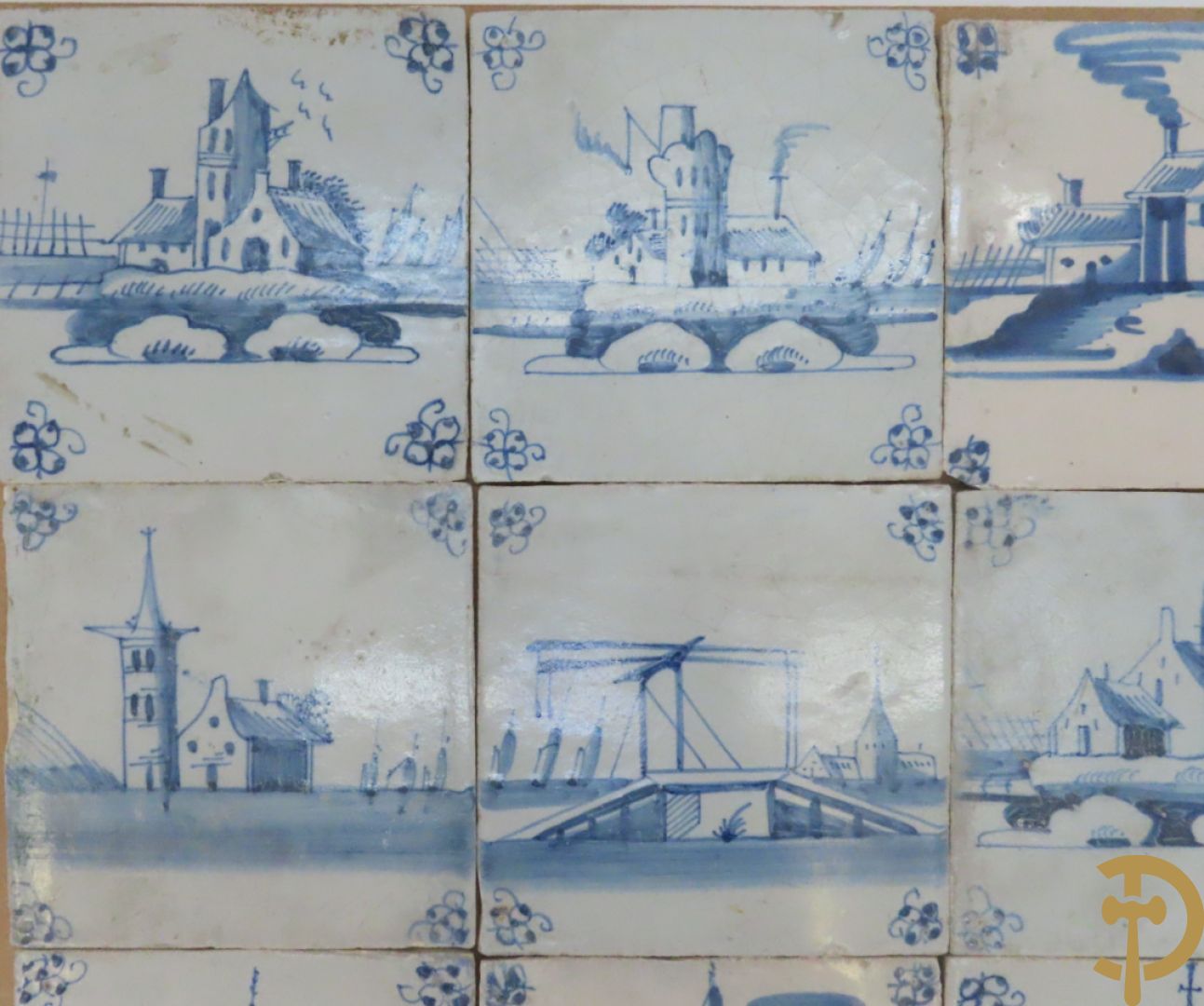 Set oude Delftse tegeltjes met landschappen, waterputten, kastelen, ...