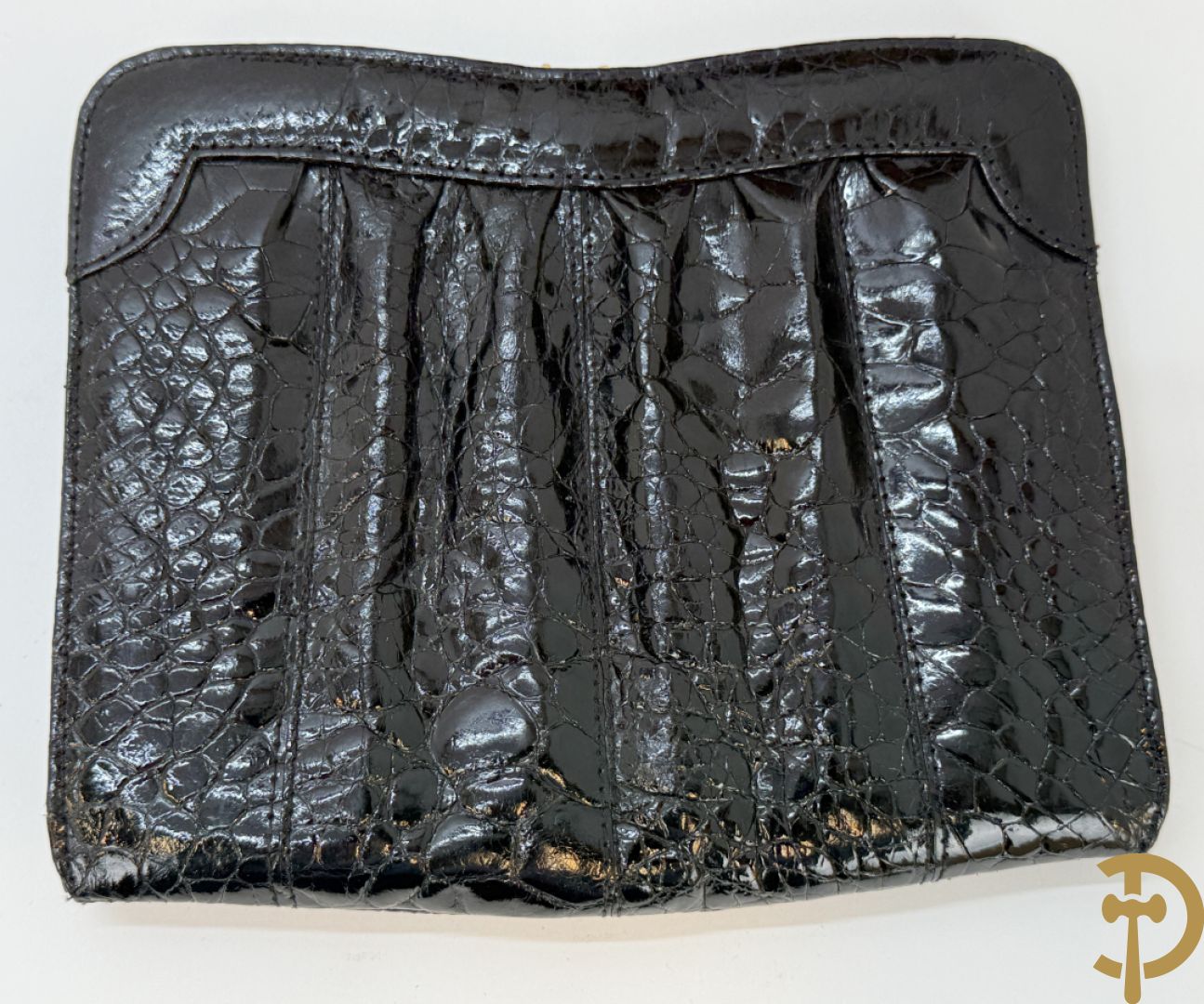 Kroko zwart lederen handtas, Le Sellier Bruxelles + zwart lederen kroko clutch + bruin lederen kroko enveloppetas + toneelhandtasje