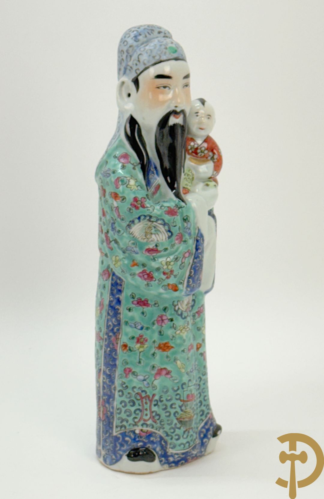 Chinese porseleinen wijsgeer met kind op de arm