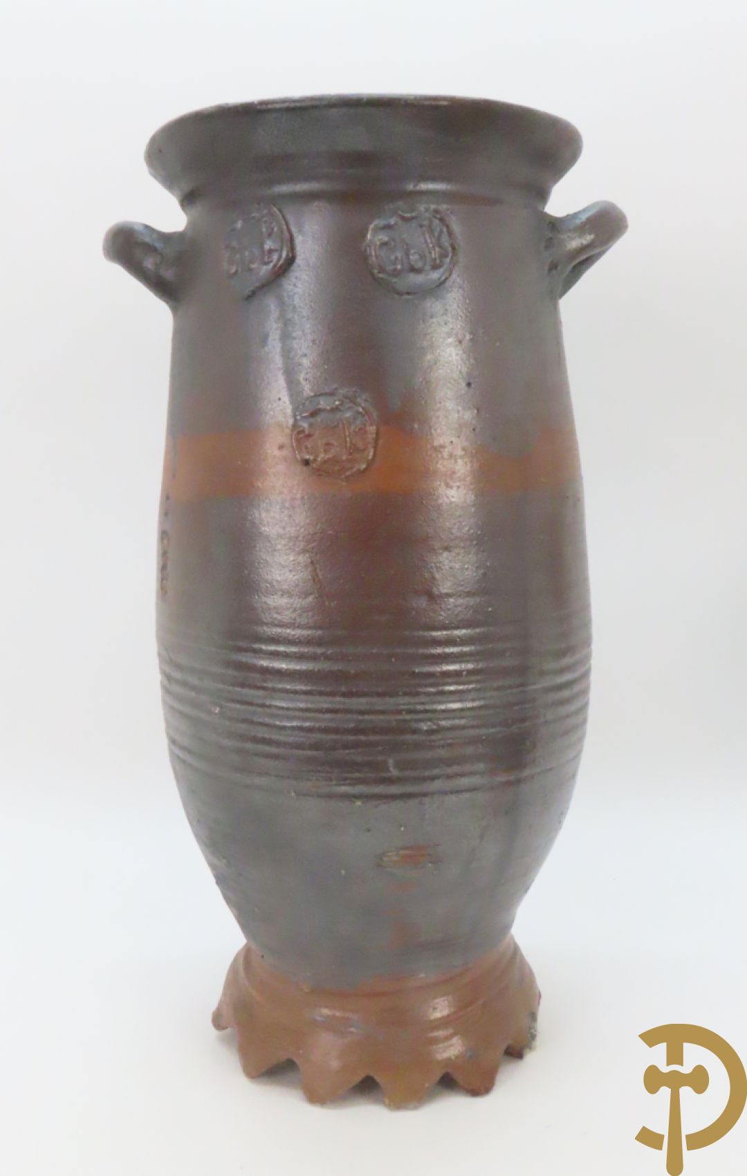 Langerwehe steengoed kruik + twee steengoed veldkruiken +Keulse dekselkan + bronzen mortier met stamper