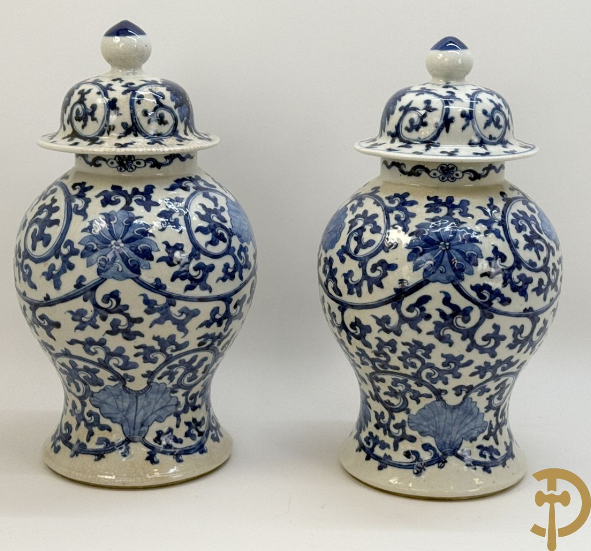 Paar Chinese dekselpotiches in blauw wit porselein met bloemendecor en accanthusranken