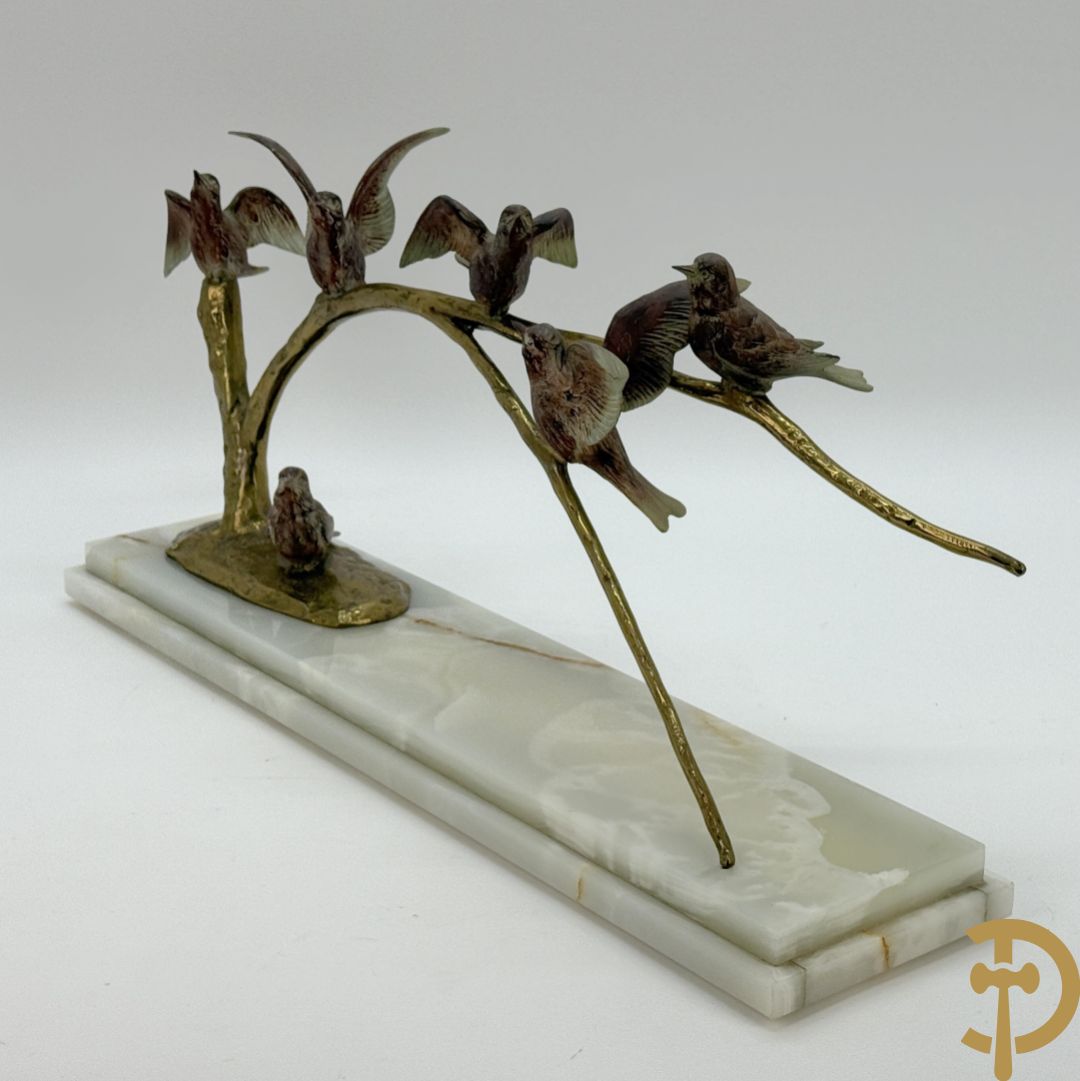 Ongetekend - Vergulde bronzen tak met zes vogels, op onix marmeren sokkel