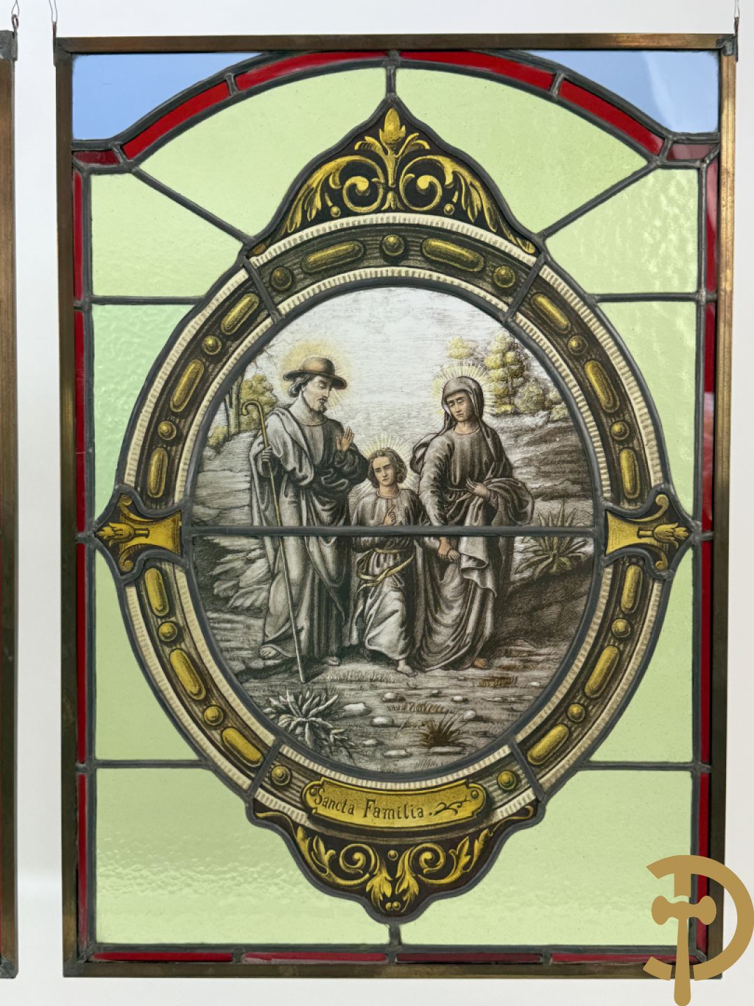 Twee loodramen met beschilderde taferelen 