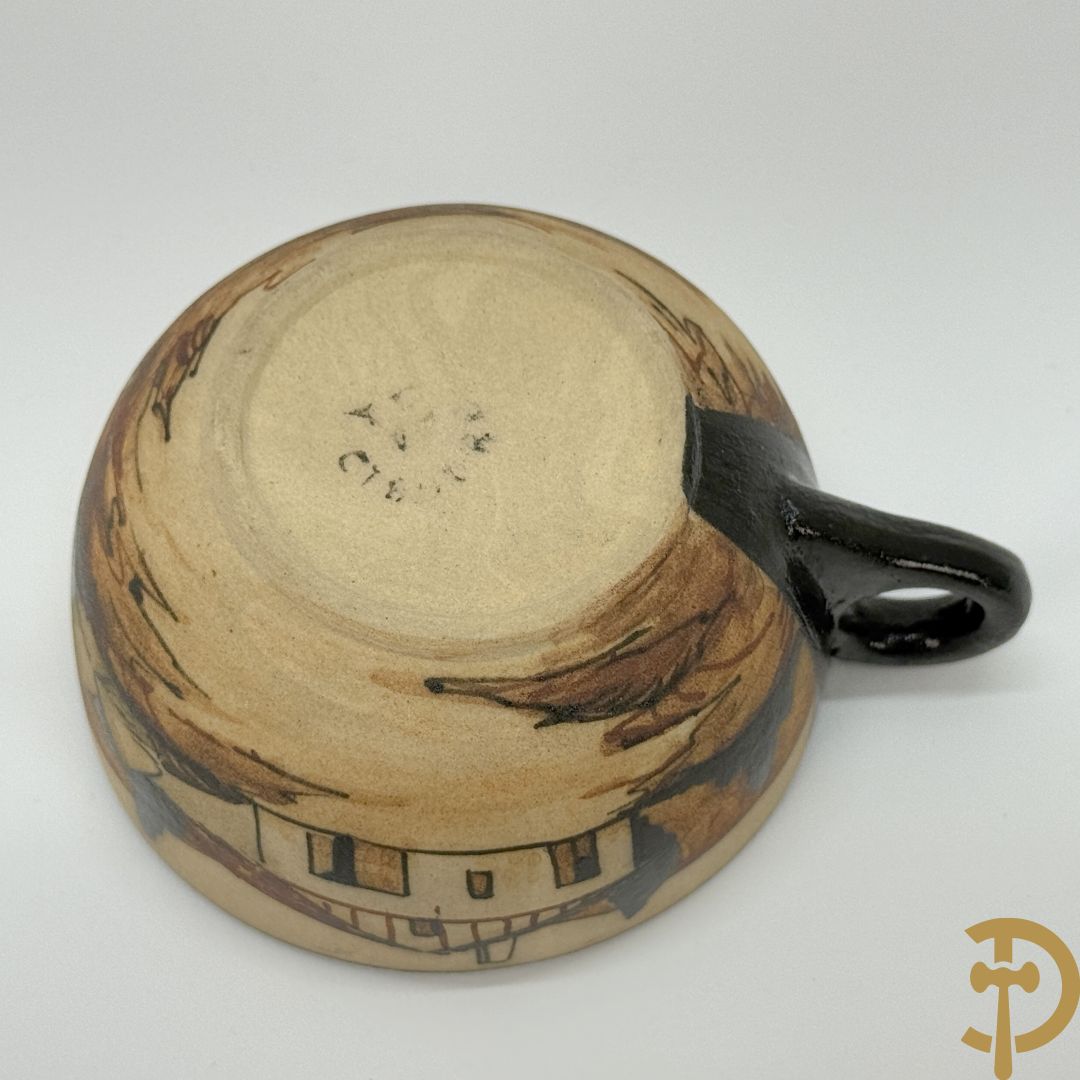 Tète à tète in meerkleurige faience Grès van Ciboure, getekend R. Le Corrone, bestaande uit theekan, melkkan, suikerpot, 2 tasjes en 2 schoteltjes