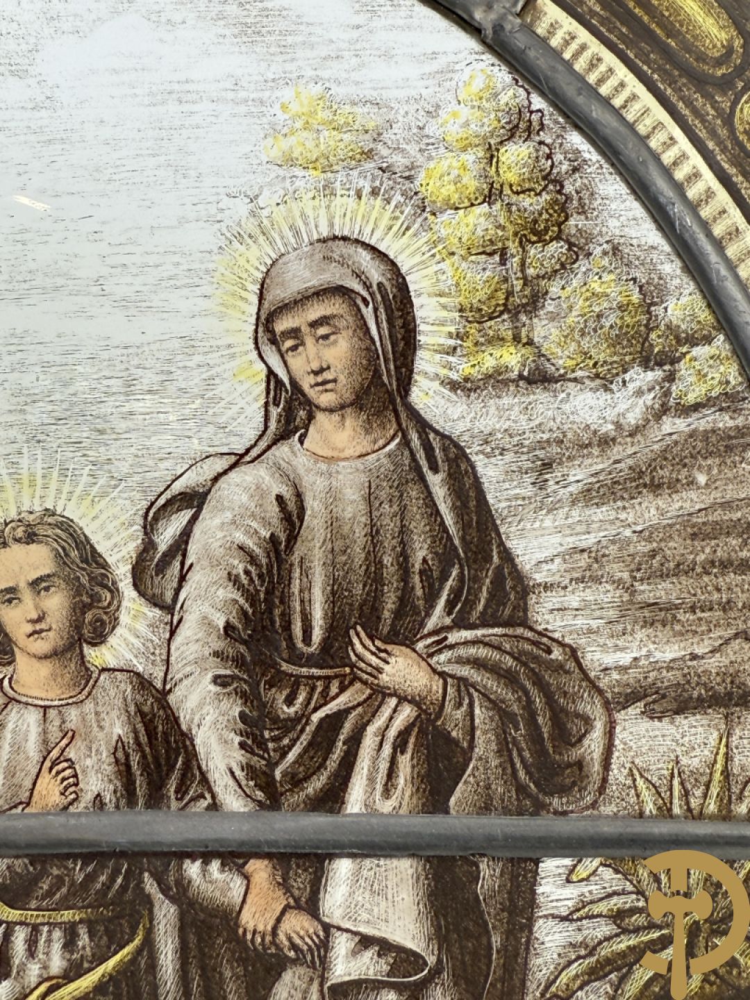 Twee loodramen met beschilderde taferelen 