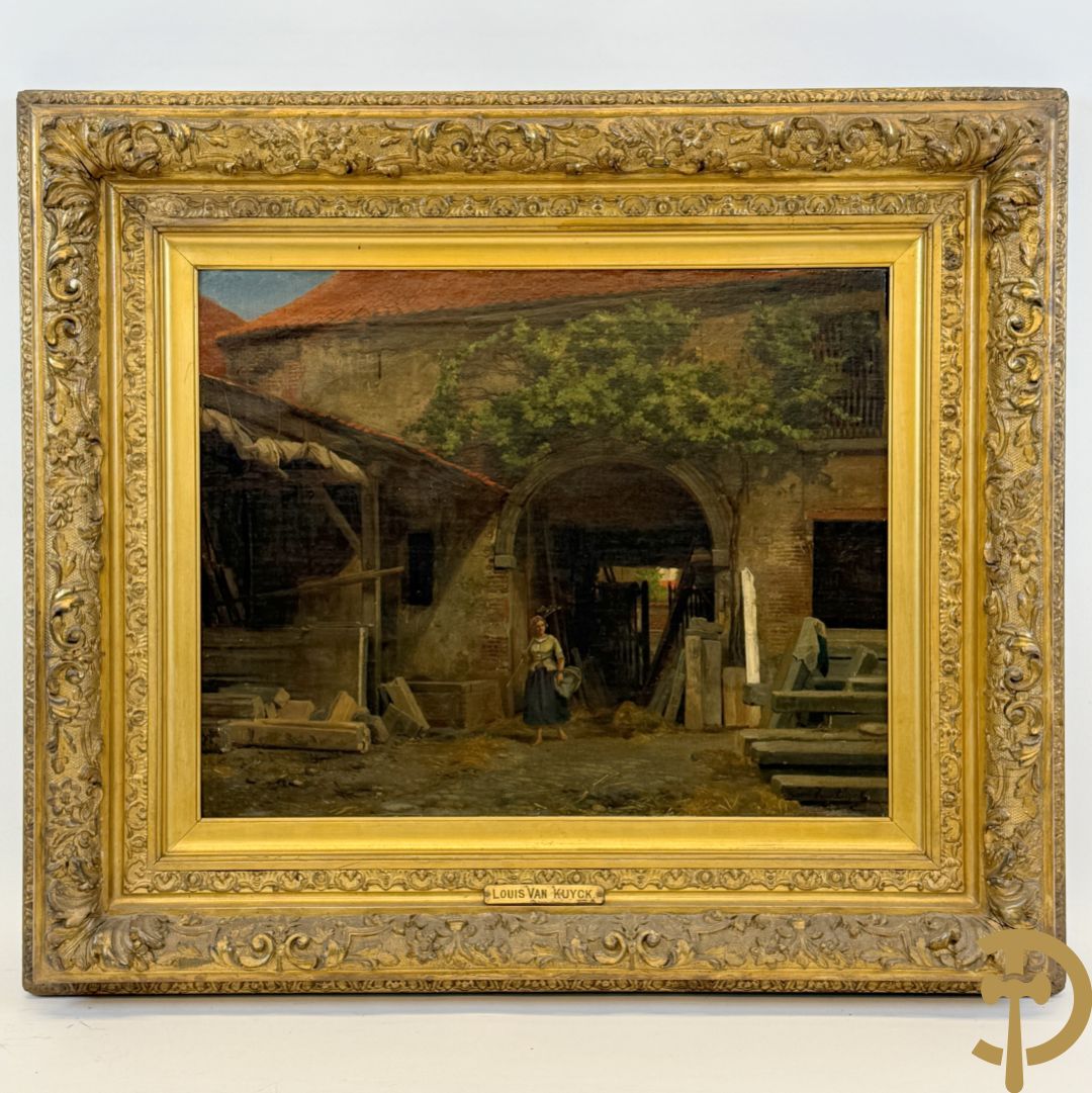 VAN KUYCK Louis getekend 'Dame met mand en hark op binnenkoer herenhoeve' olie op doek