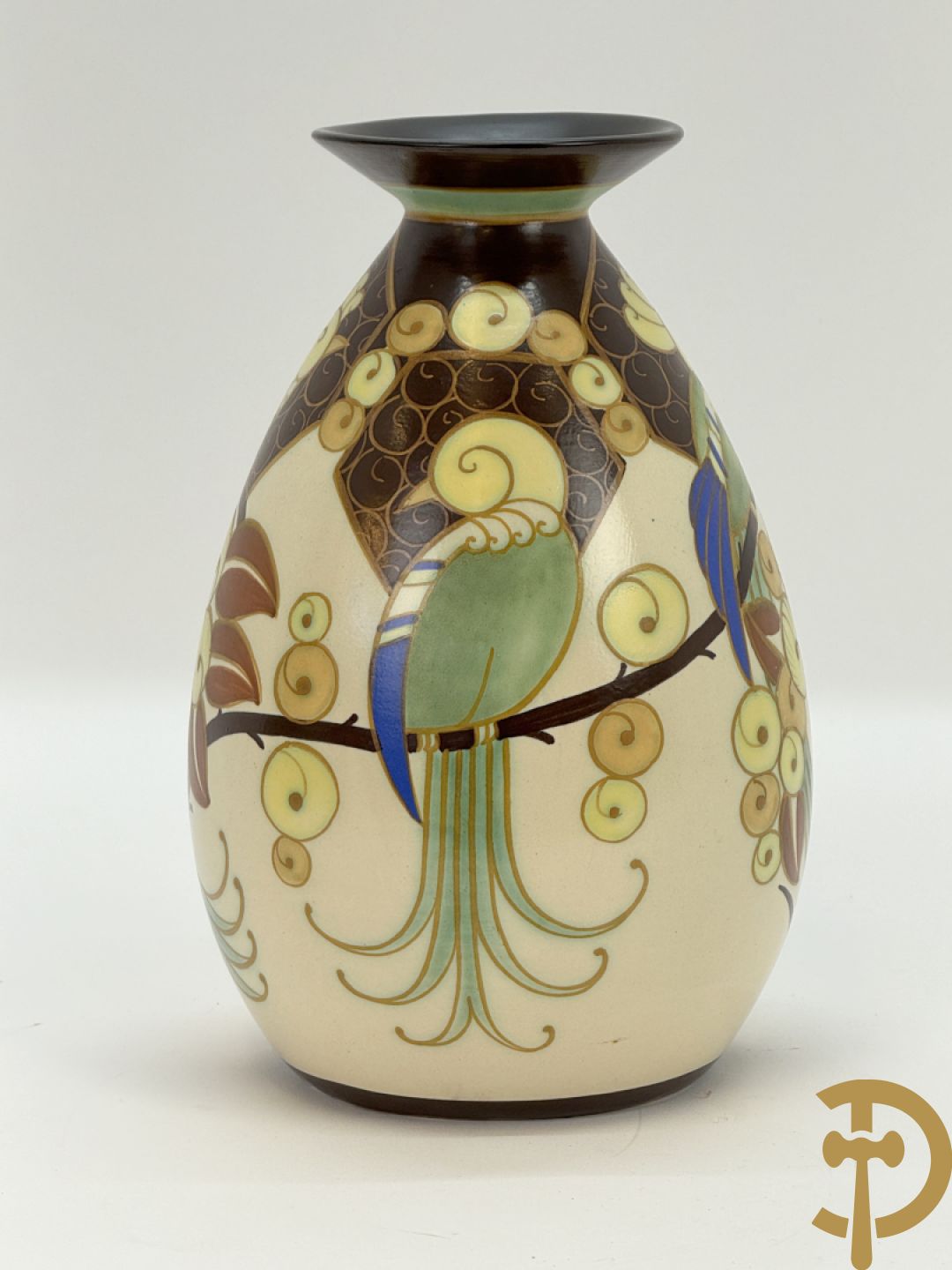 Keramieken Keramis Art Deco vaas met papegaaiendecor, Nr. 1130, Decor 945