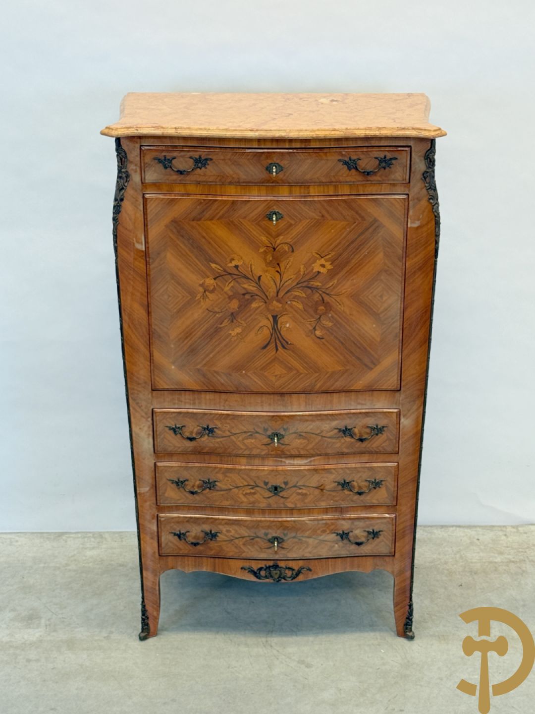 Notelaren klapsecretaire met 4 lades en bloemenmarquetterie, bezet met bronzen ornamenten - bovenaan met marmeren blad