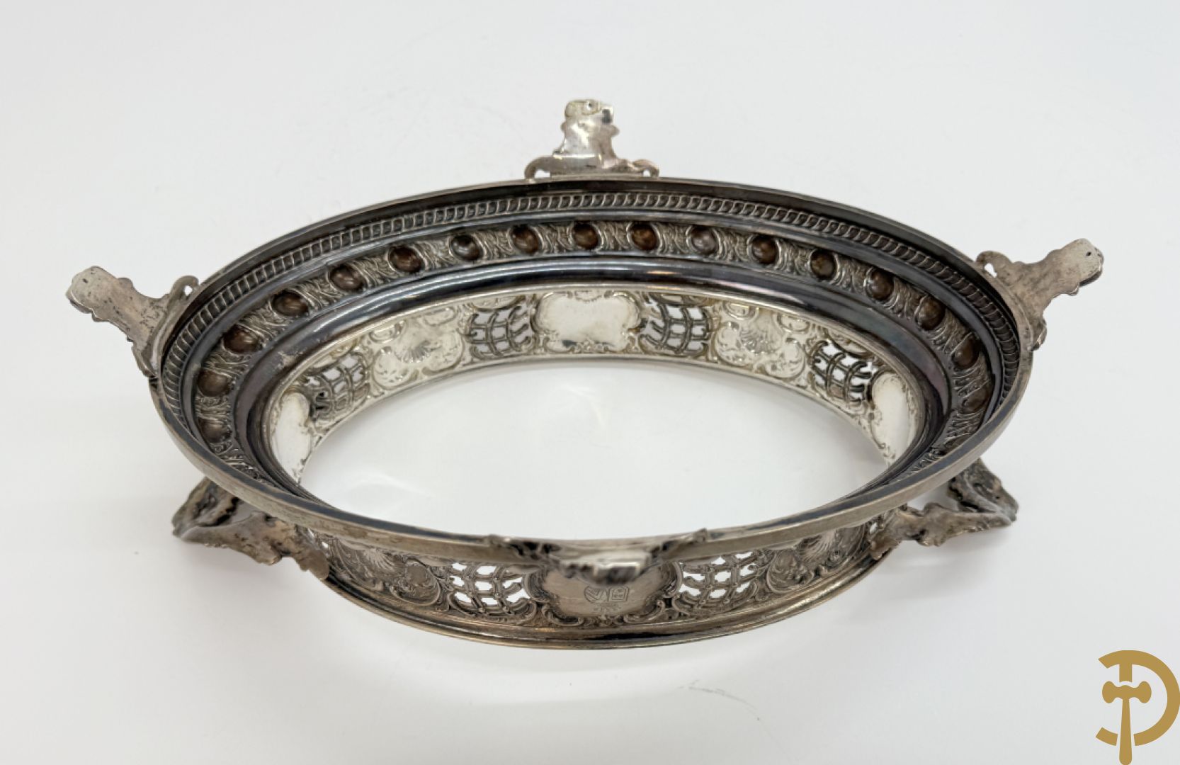 Massief zilveren ovale milieu de table met kristallen coupe