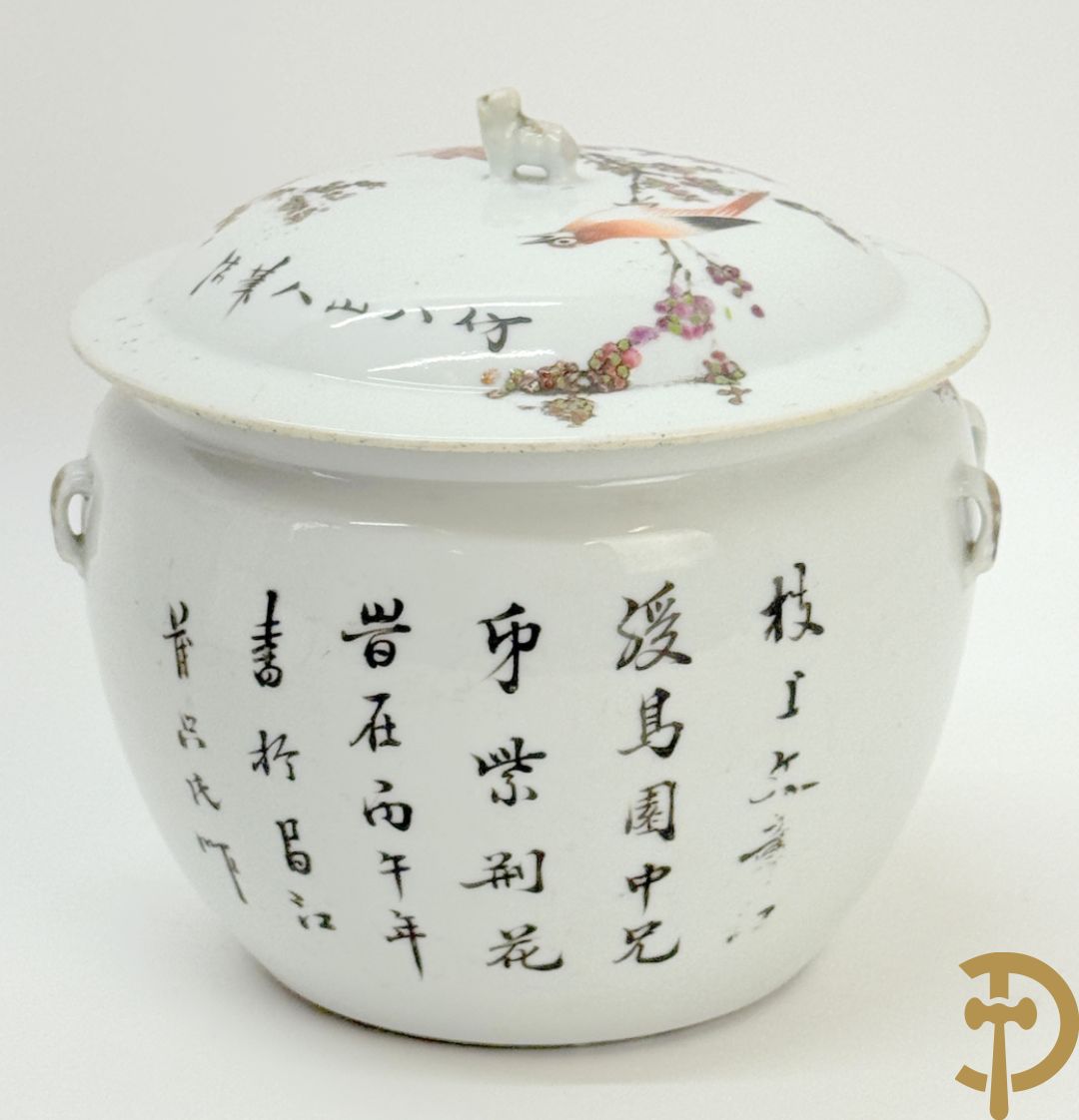 Chinese porseleinen dekselpotiche met vogel- en bloemendecor + Chinese porseleinen dekselkom met bloemen- en vogeldecor