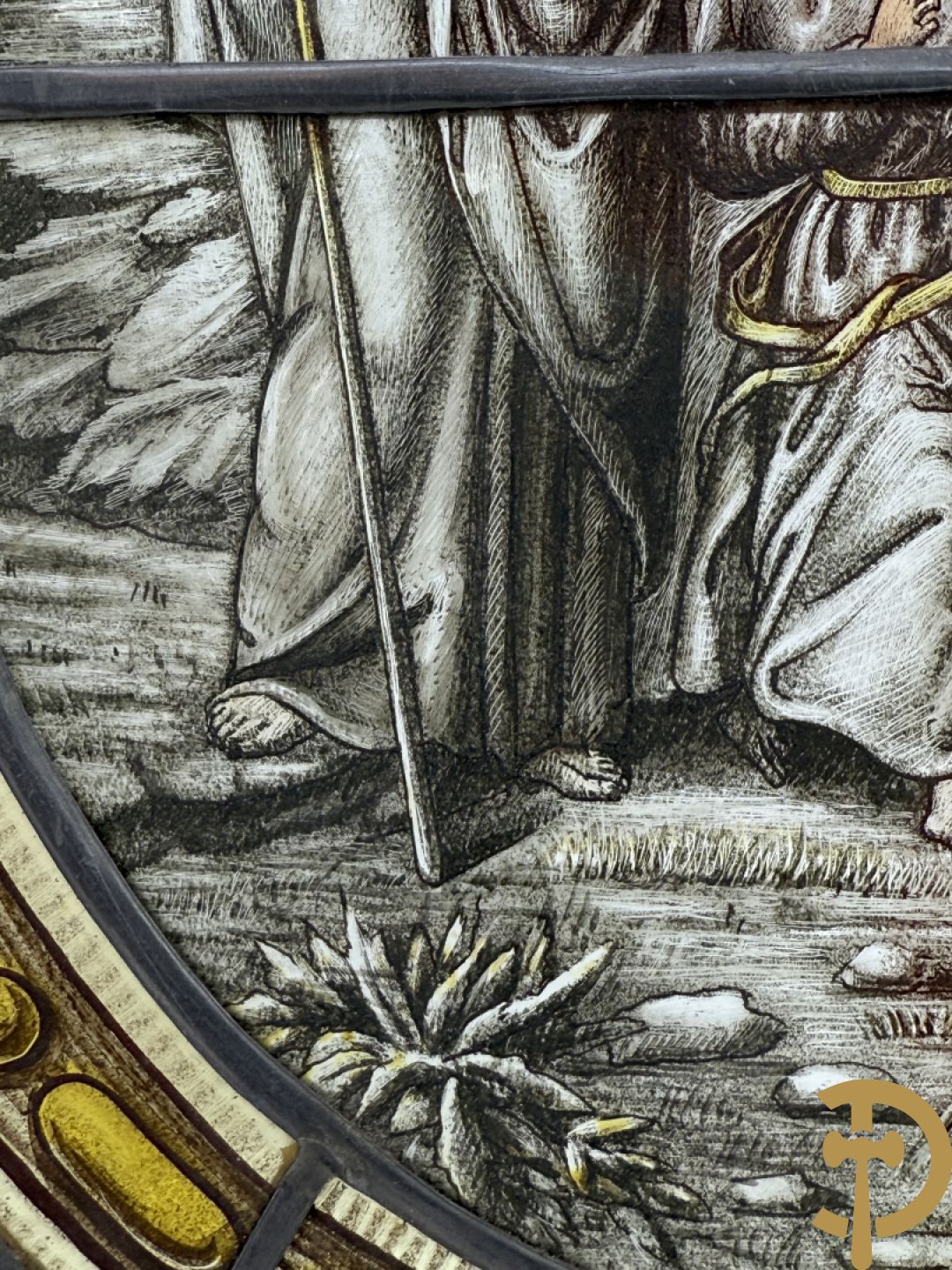 Twee loodramen met beschilderde taferelen 