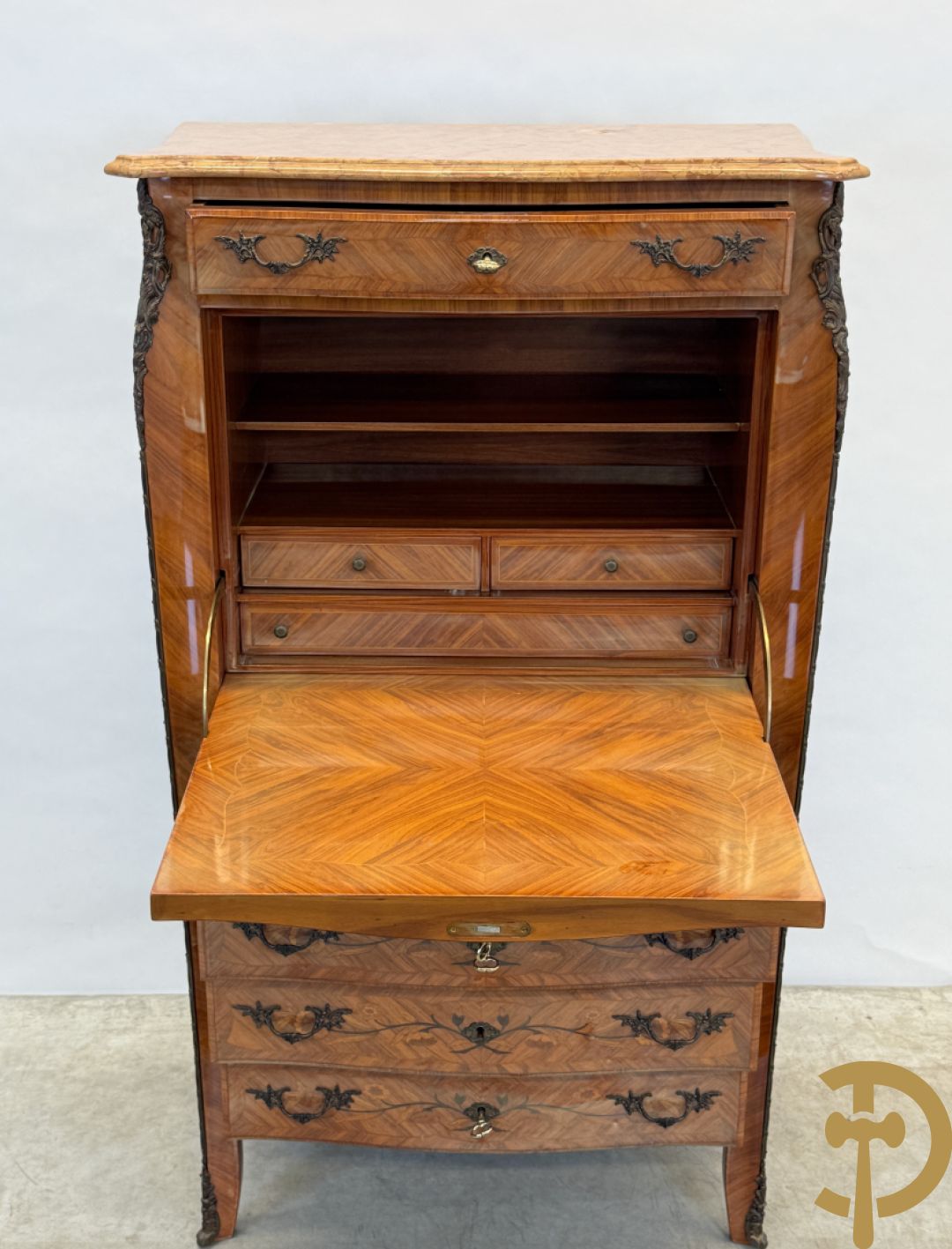 Notelaren klapsecretaire met 4 lades en bloemenmarquetterie, bezet met bronzen ornamenten - bovenaan met marmeren blad