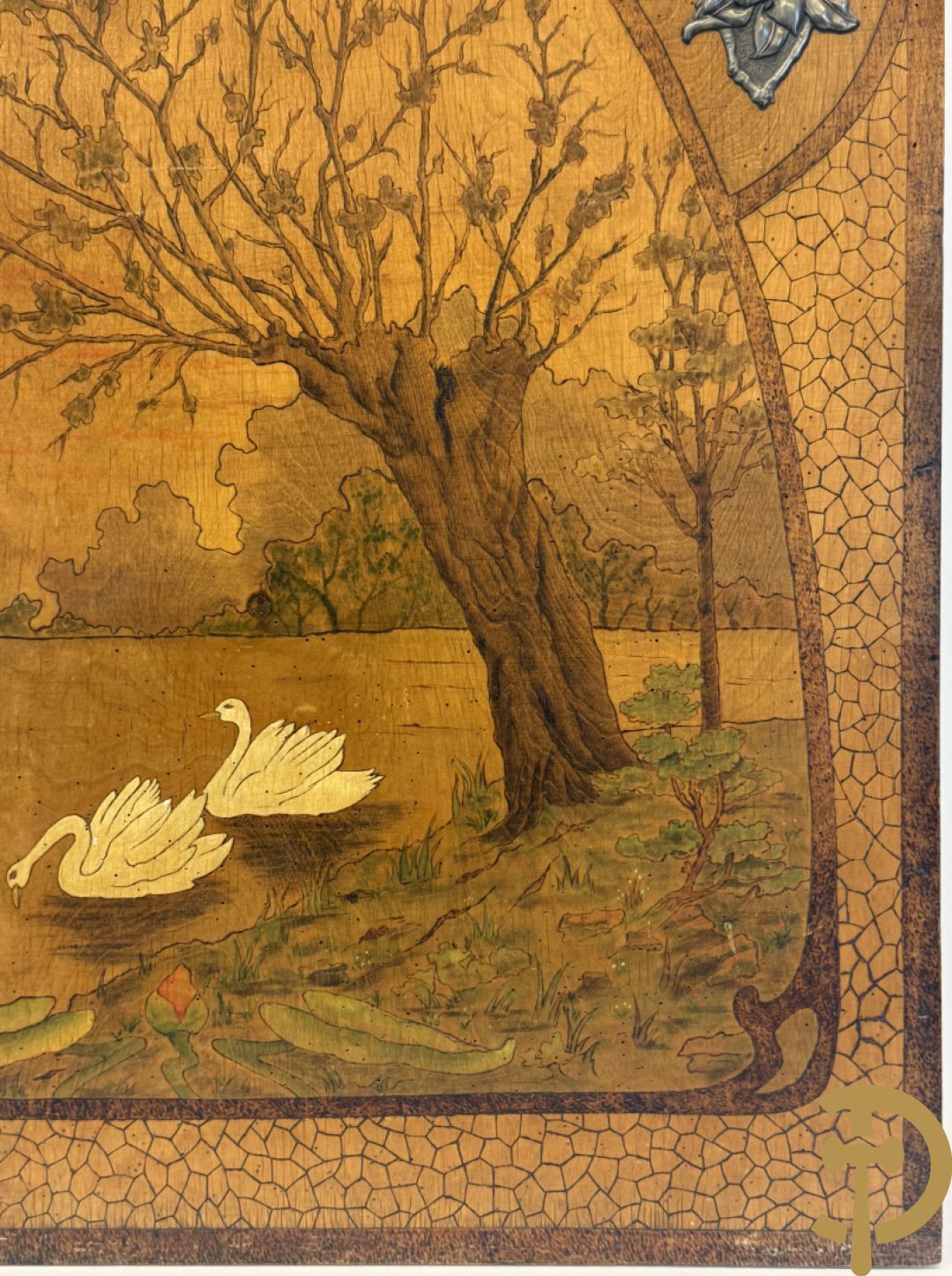 Art Nouveau paneel met pyrografie 