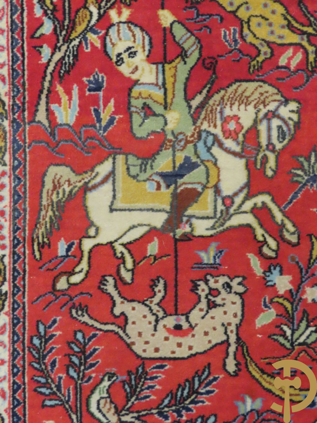 Oosters handgeknoopt tapijt met ruiter-en dierenmotieven