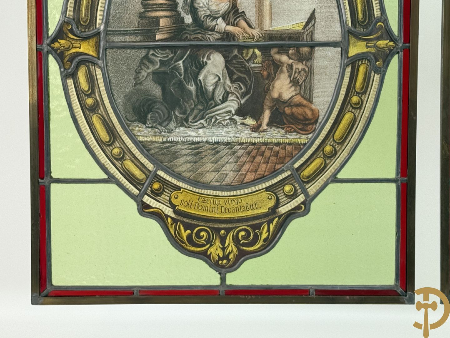 Twee loodramen met beschilderde taferelen 