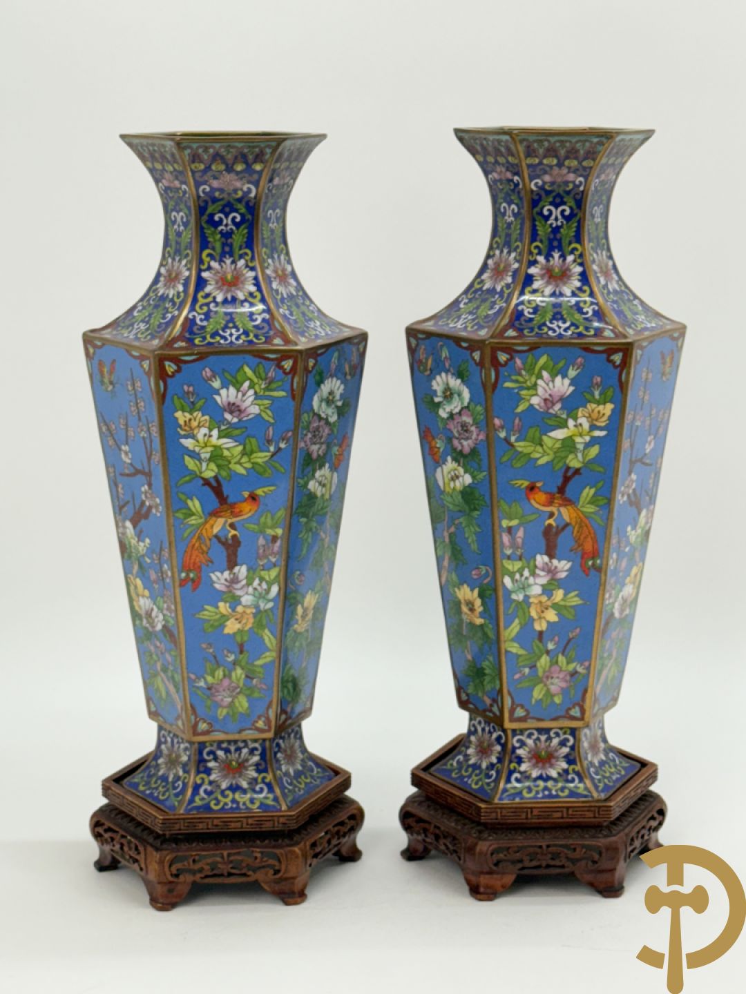 Paar zeshoekige cloisonévazen met bloemen en vogeldecor - op houten sokkels